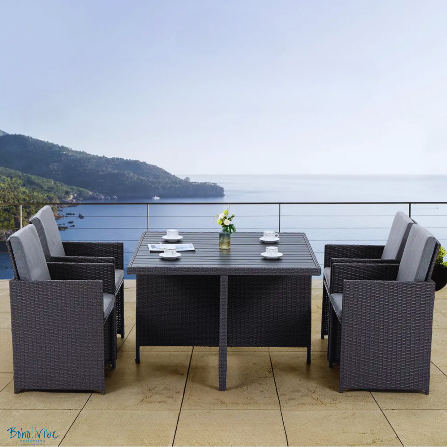 Boho ↡↟ Vibe Collection ↠ Rattan Outdoor Dining Setting 5 Piece Coastal Furniture Grey