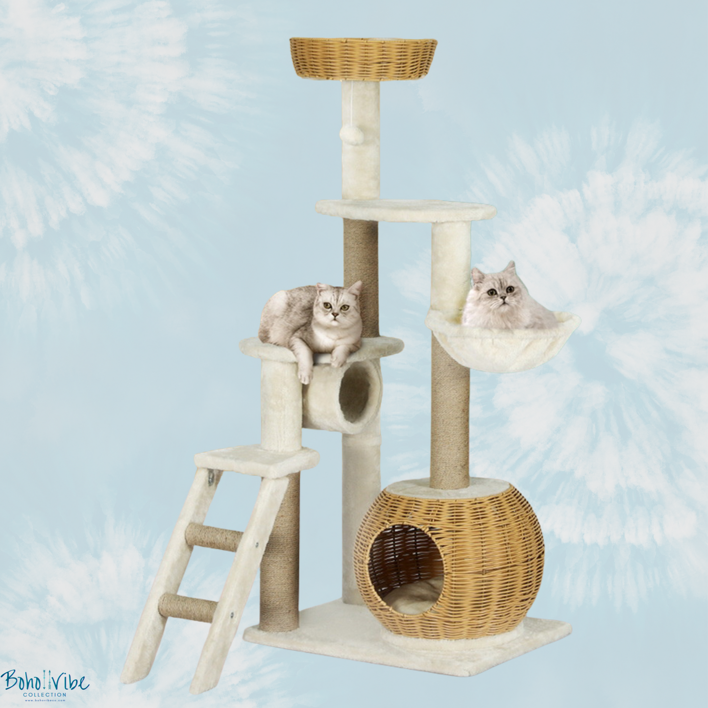 Boho ↡↟ Vibe Collection ↠ Rattan Cat Tower Tree House Condo White 138cm