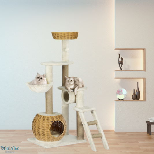 Boho ↡↟ Vibe Collection ↠ Rattan Cat Tower Tree House Condo White 138cm