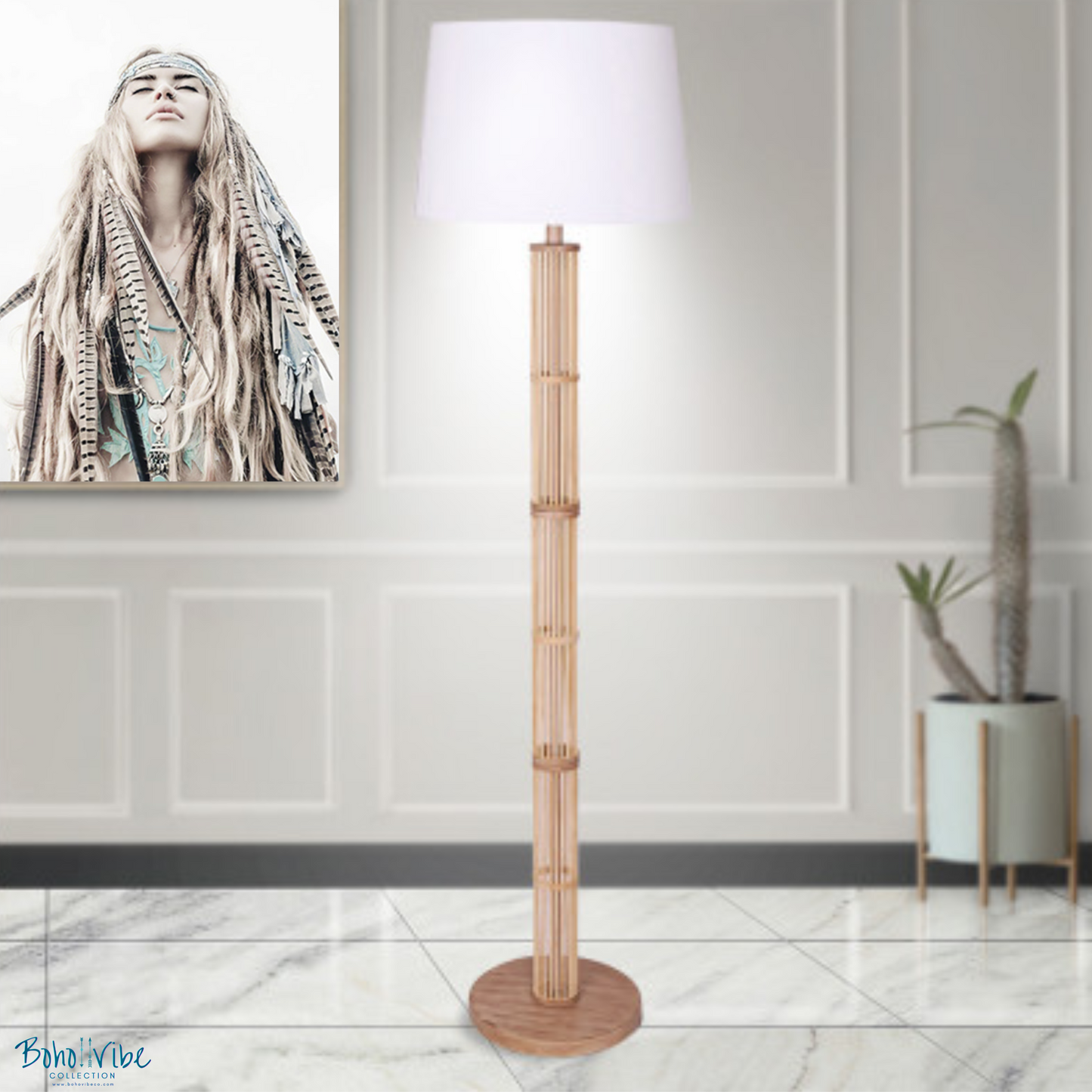 Boho ↡↟ Vibe Collection ↠ Rattan Bohemian Floor Lamp White Linen Shade 