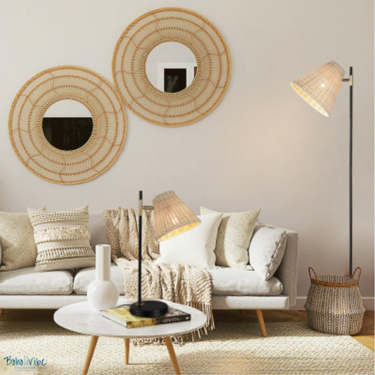 Boho ↡↟ Vibe Collection ↠ Rattan Floor Lamp Metal Stand Coastal Lamp 