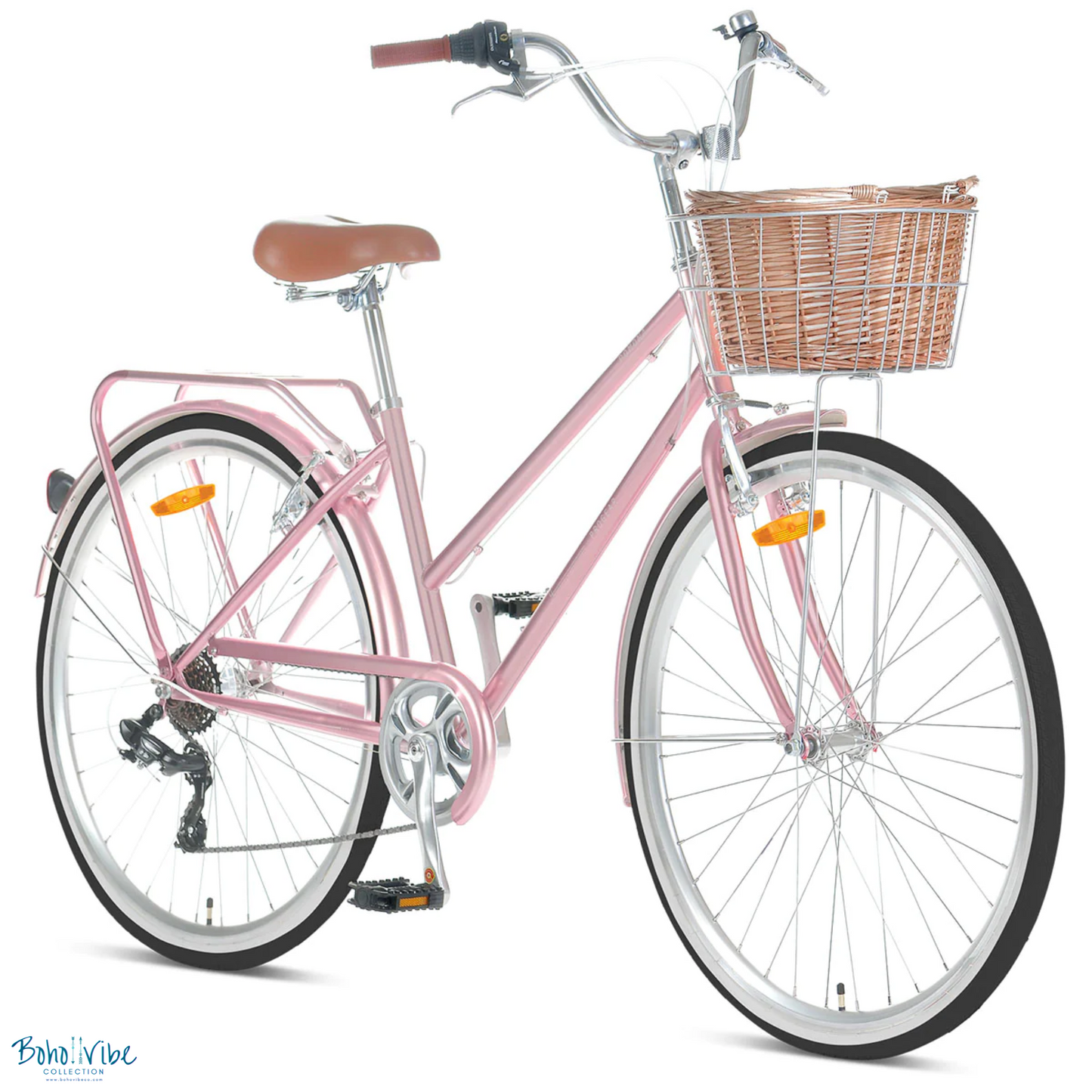 Boho ↡↟ Vibe Collection ↠  Vintage Cruiser Progear Pomona Coastal Commuter Bike Rose Gold Ladies Teen 17" with Basket 