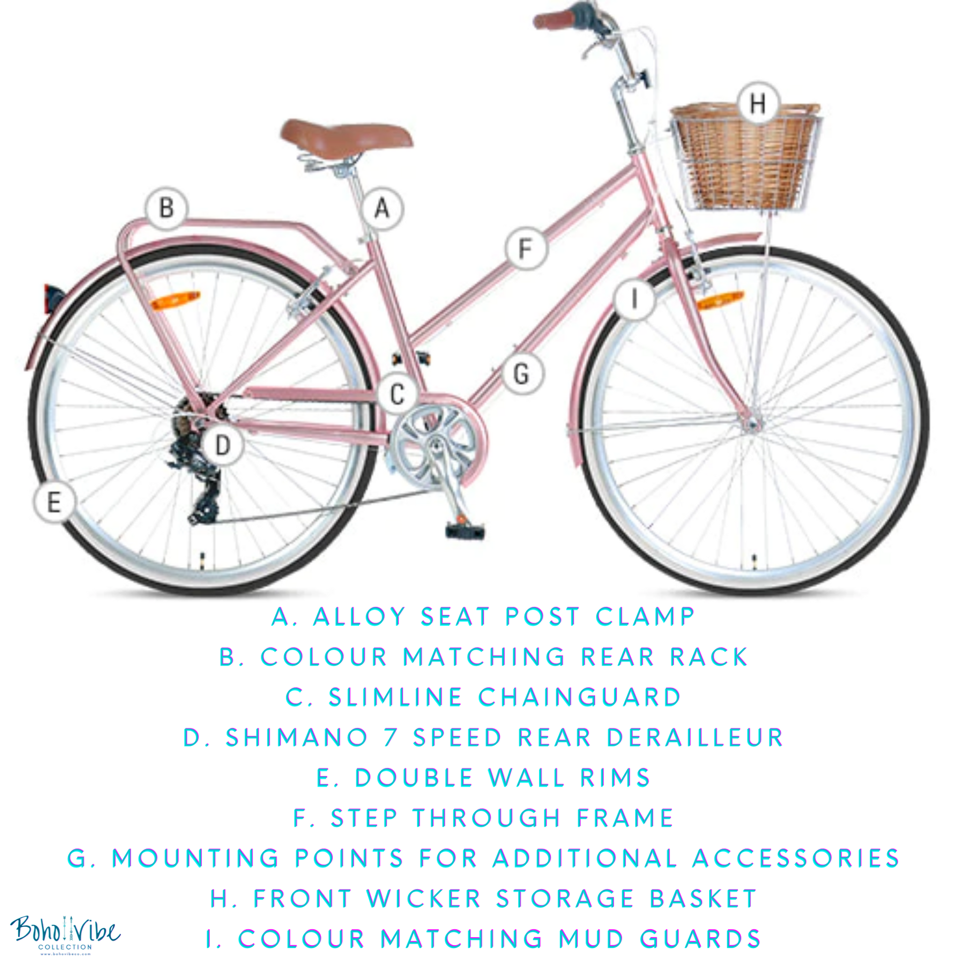 Boho ↡↟ Vibe Collection ↠  Vintage Cruiser Progear Pomona Coastal Commuter Bike Rose Gold Ladies Teen 17" with Basket 