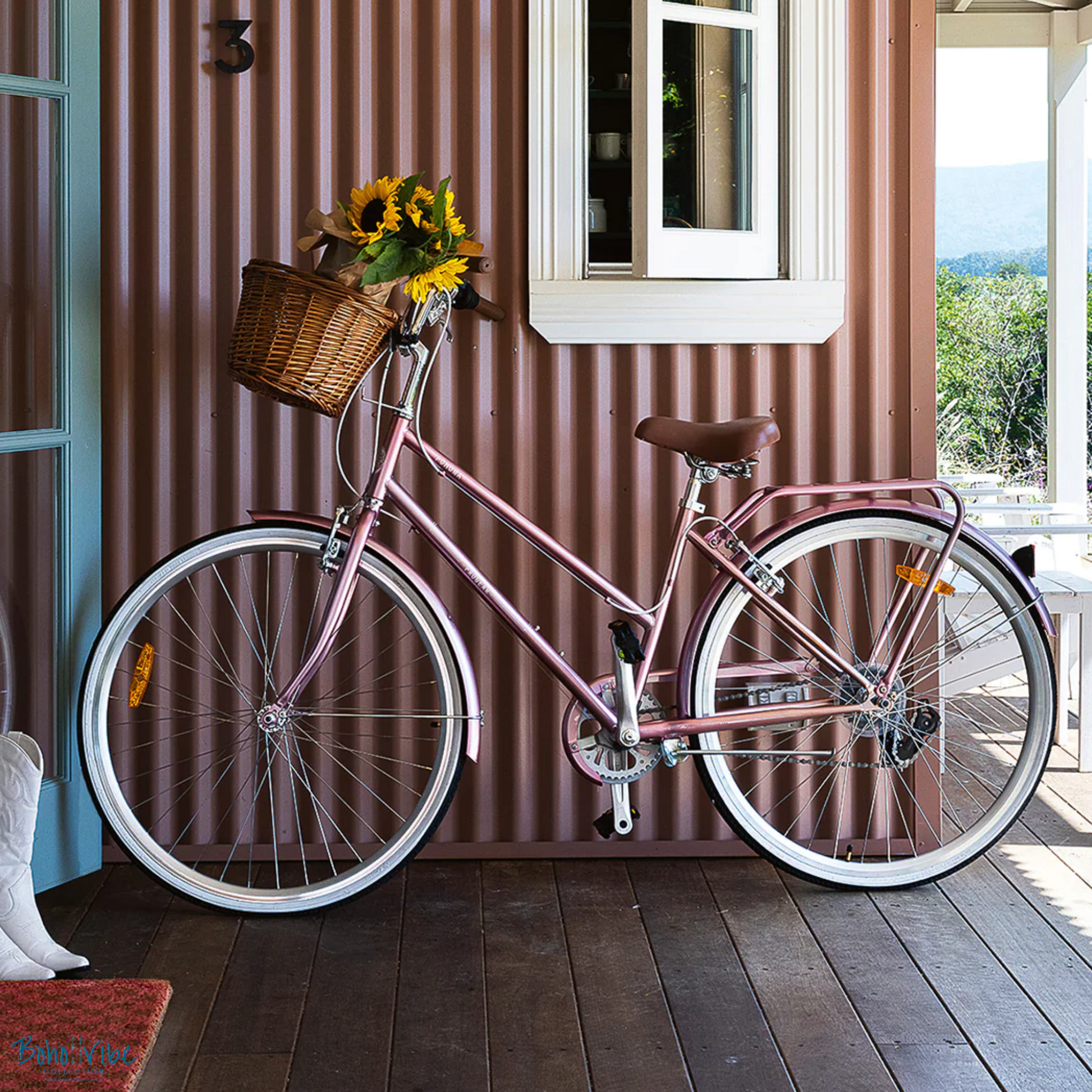 Boho ↡↟ Vibe Collection ↠  Vintage Cruiser Progear Pomona Coastal Commuter Bike Rose Gold Ladies Teen 17" with Basket 