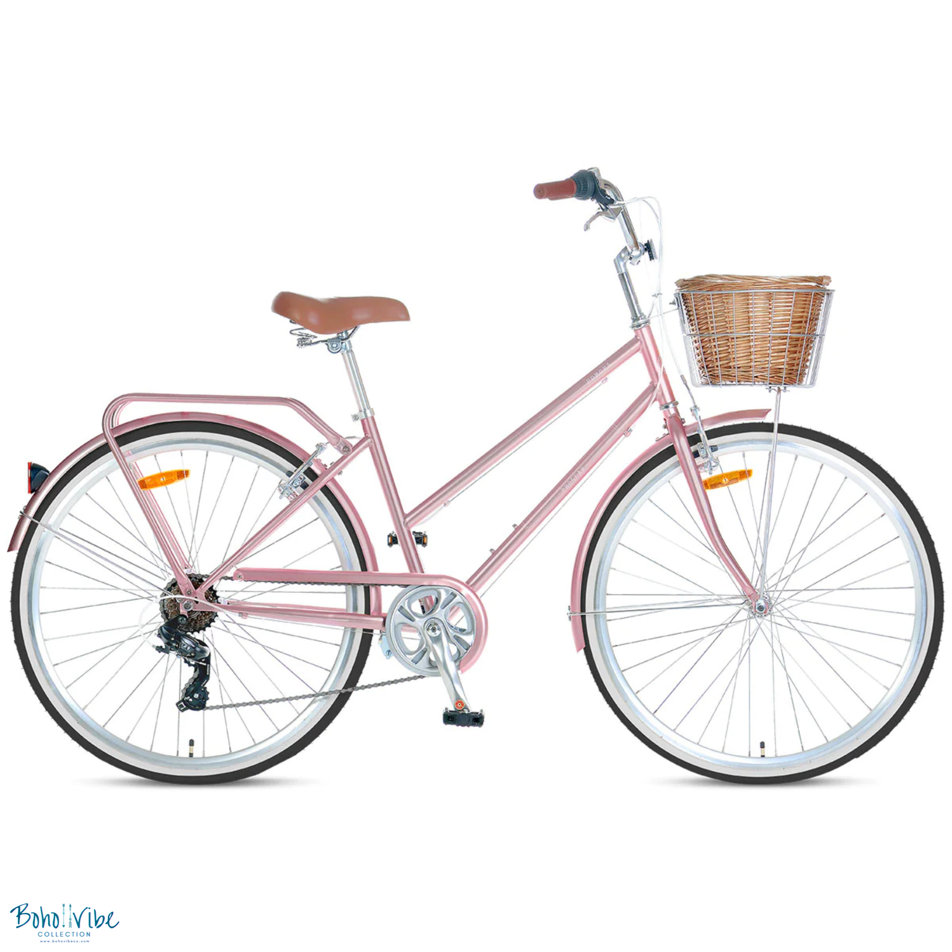 Boho ↡↟ Vibe Collection ↠  Vintage Cruiser Progear Pomona Coastal Commuter Bike Rose Gold Ladies Teen 17" with Basket 