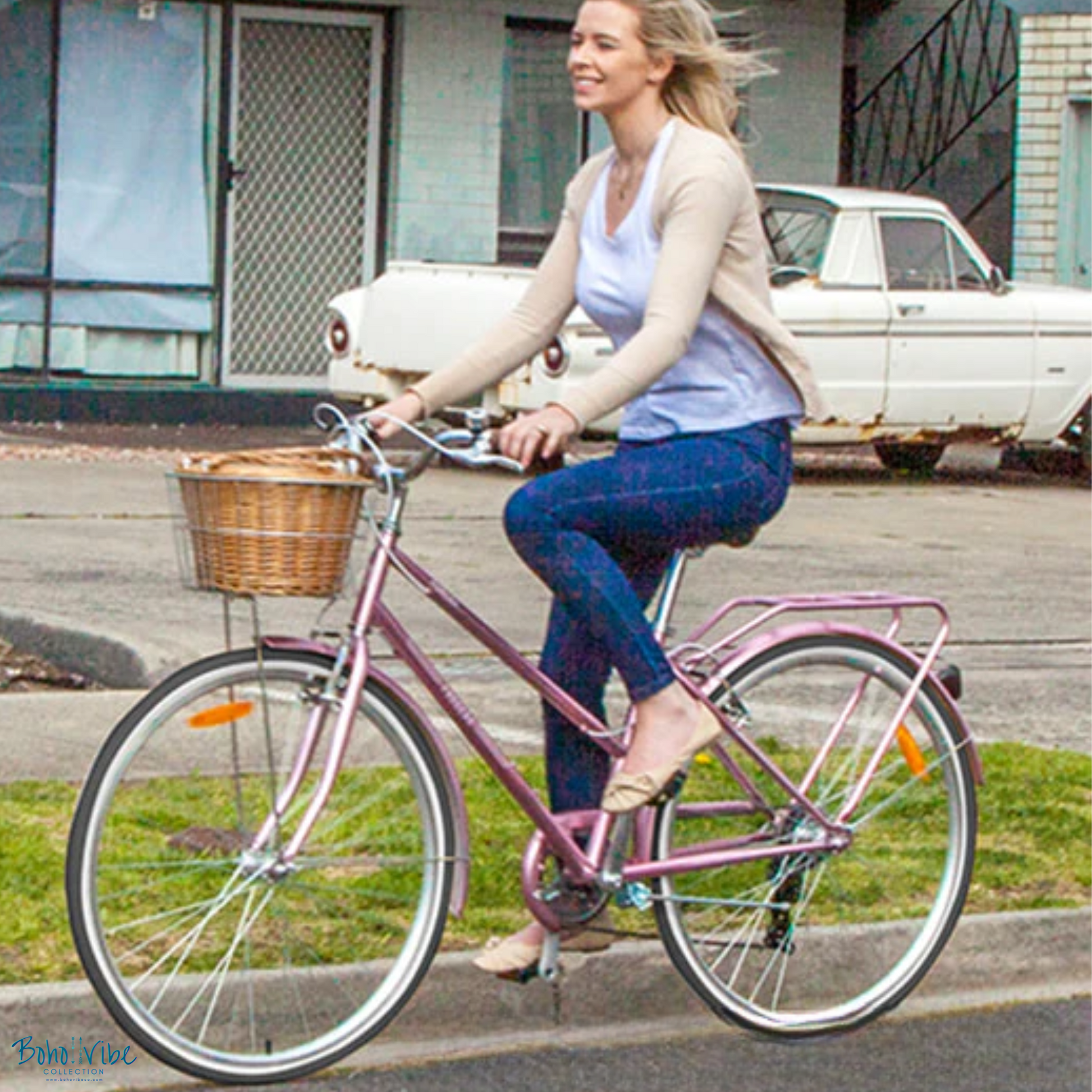 Boho ↡↟ Vibe Collection ↠  Vintage Cruiser Progear Pomona Coastal Commuter Bike Rose Gold Ladies Teen 17" with Basket 