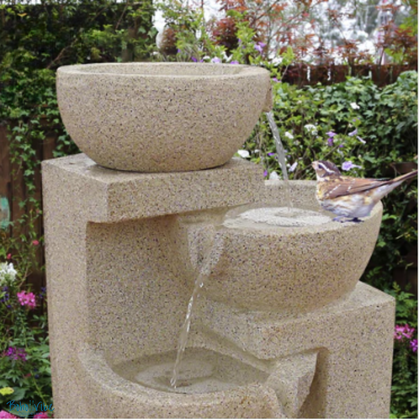Boho ↡↟ Vibe Collection ↠ Water Fountain Outdoor Solar Power Water Feature Sand Colour 4 Bowls and LED Lights 