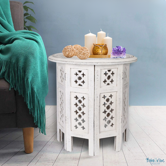 Boho ↡↟ Vibe Collection ↠ Balinese Style Round Table Bohemian Solid Timber Coastal Side Table 