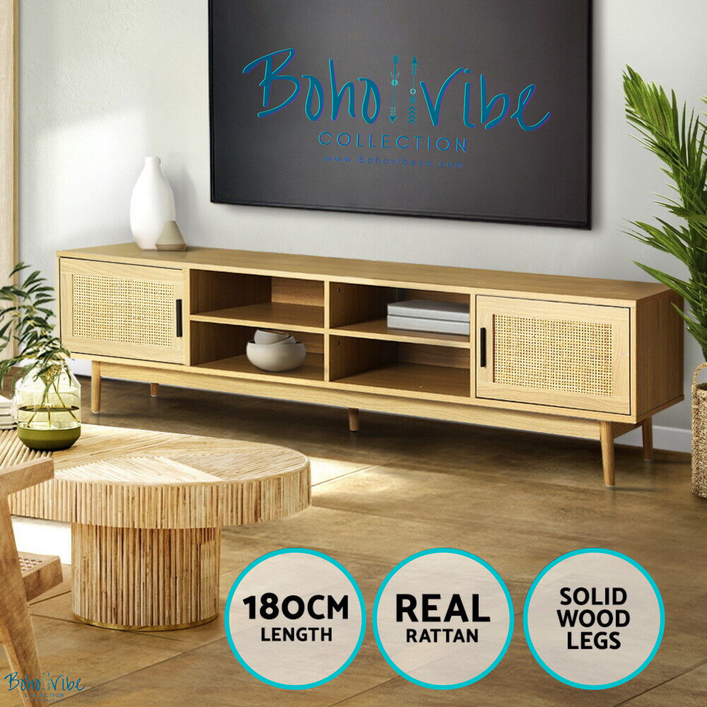 Boho ↡↟ Vibe Collection ↠ Rattan Entertainment Cabinet Bohemian Coastal TV Unit ↡