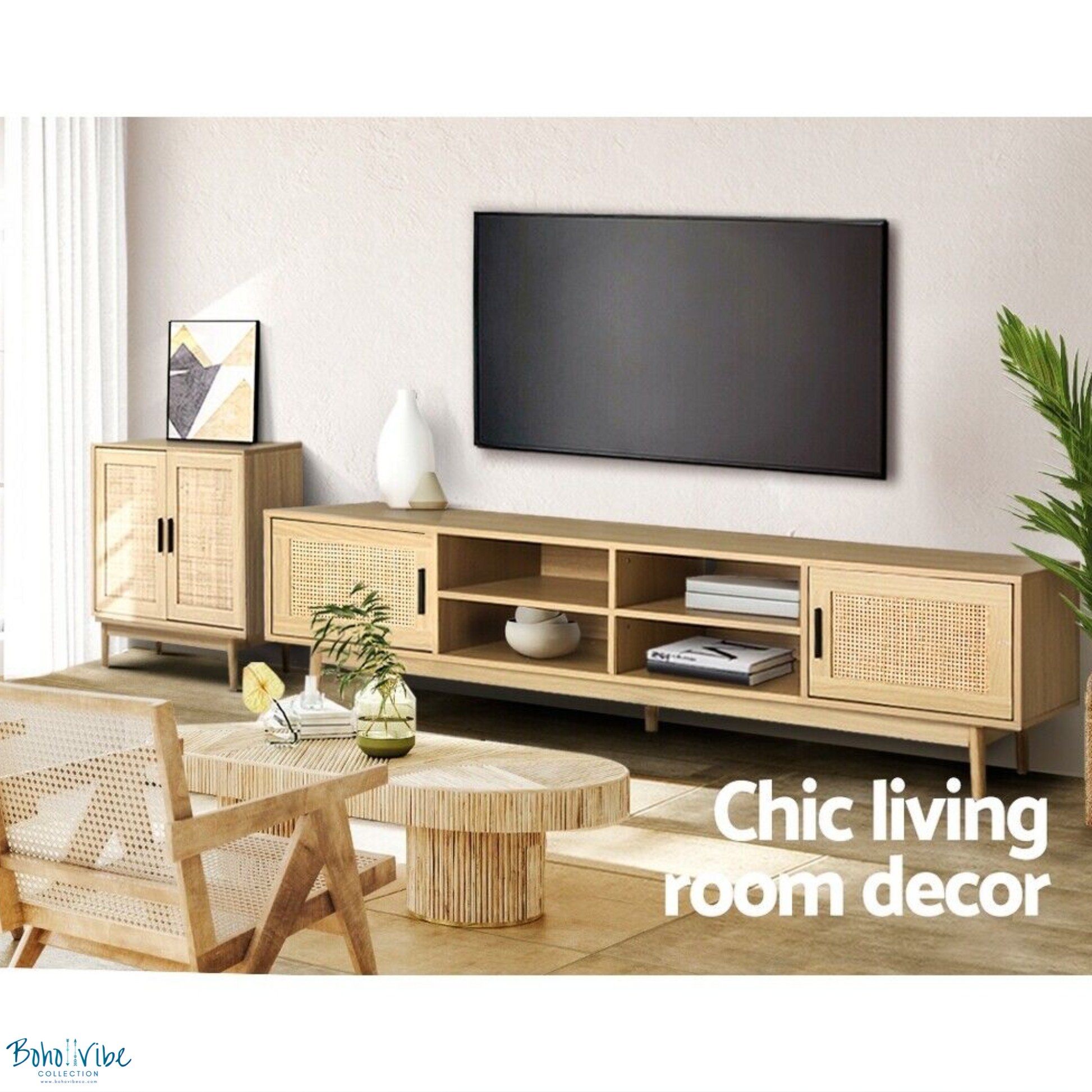 Boho ↡↟ Vibe Collection ↠ Rattan Entertainment Cabinet Bohemian Coastal TV Unit ↡