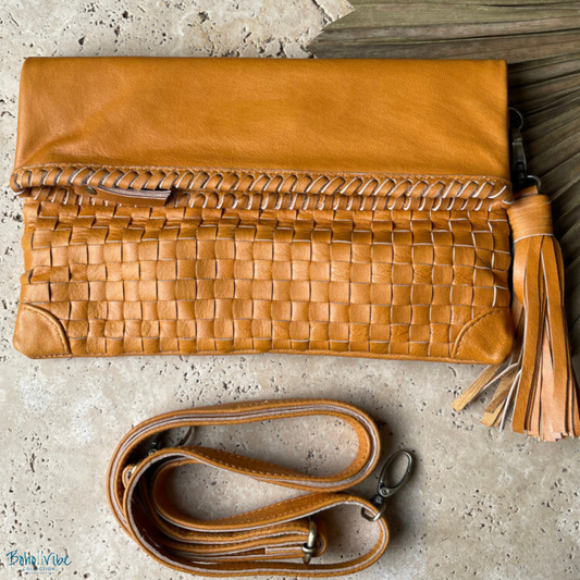 Boho ↡↟ Vibe Collection ↠ Balinese Handcrafted Leather Crossbody Tan Handbag ↡