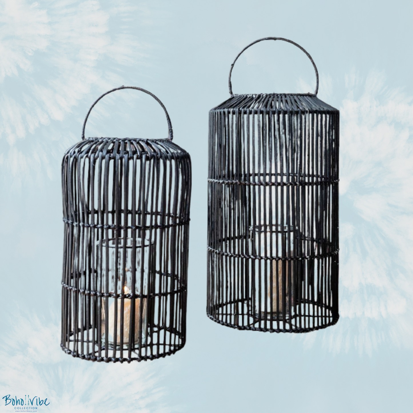 Boho ↡↟ Vibe Collection ↠ Black Rattan Cylindrical Hanging Lantern Set of 2 ↡