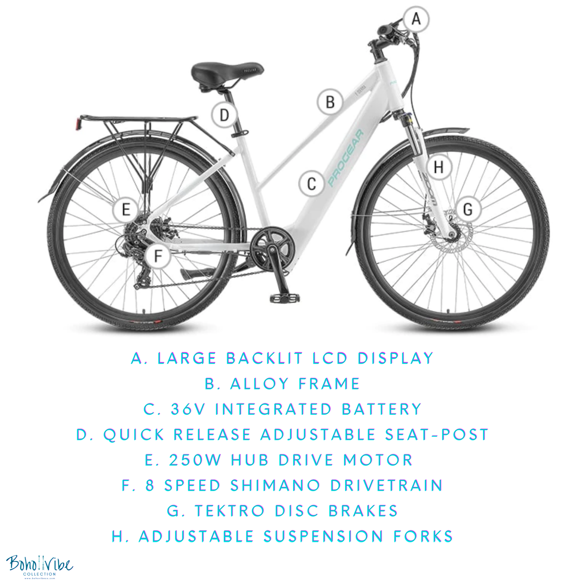 Boho ↡↟ Vibe Collection ↠ Hybrid Electric Mountain Bike Progear E-Sierra Coastal Ladies E-Bike 
