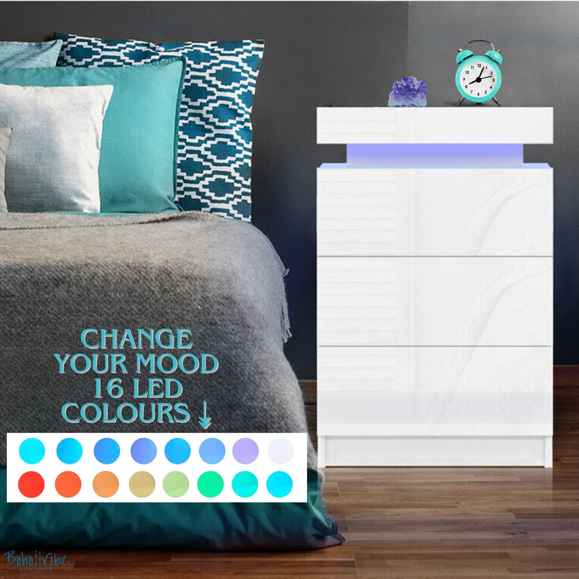 Boho ↡↟ Vibe Collection ↠ White Bedside Table 3 Drawers with Built in LED Lighting ↡