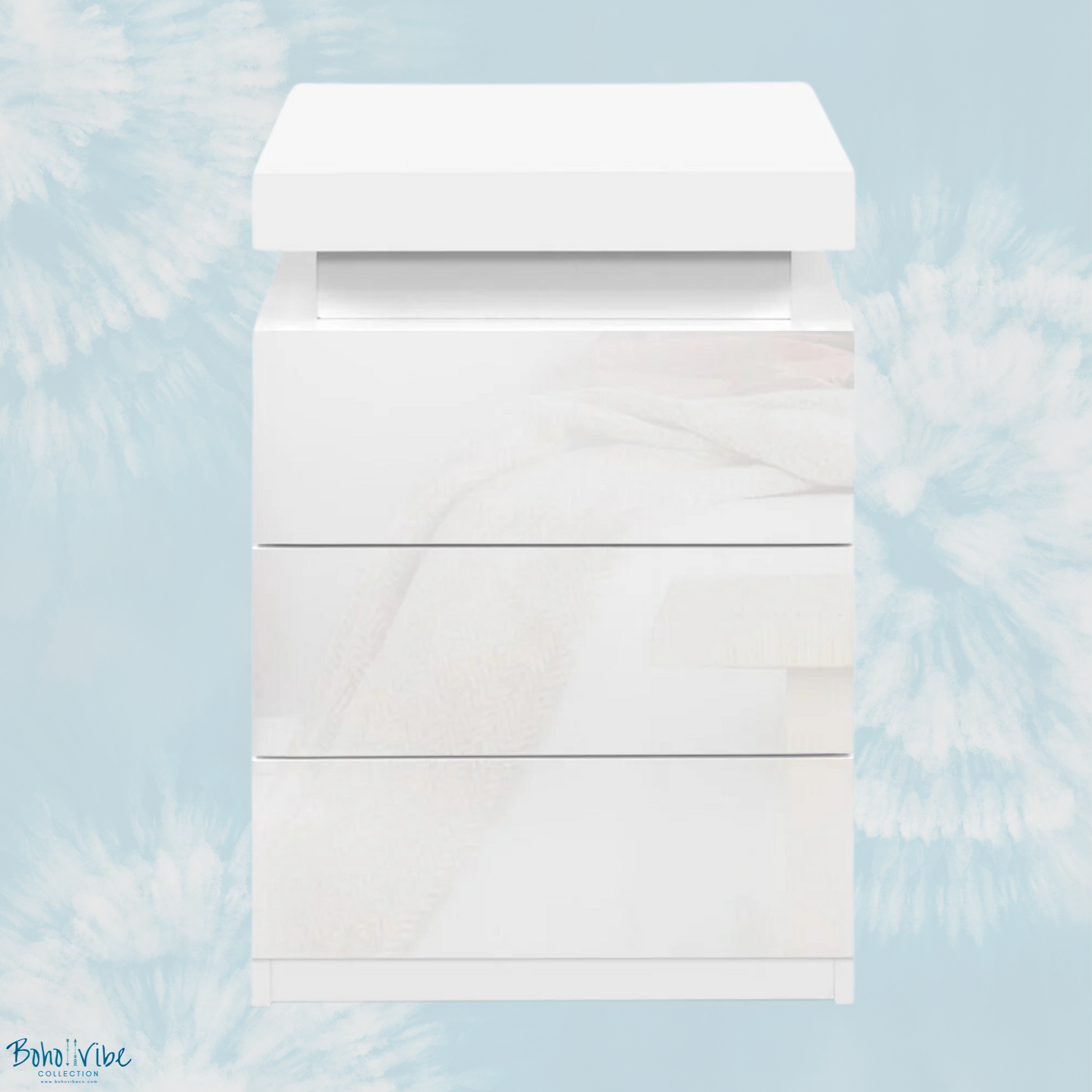 Boho ↡↟ Vibe Collection ↠ White Bedside Table 3 Drawers with Built in LED Lighting ↡
