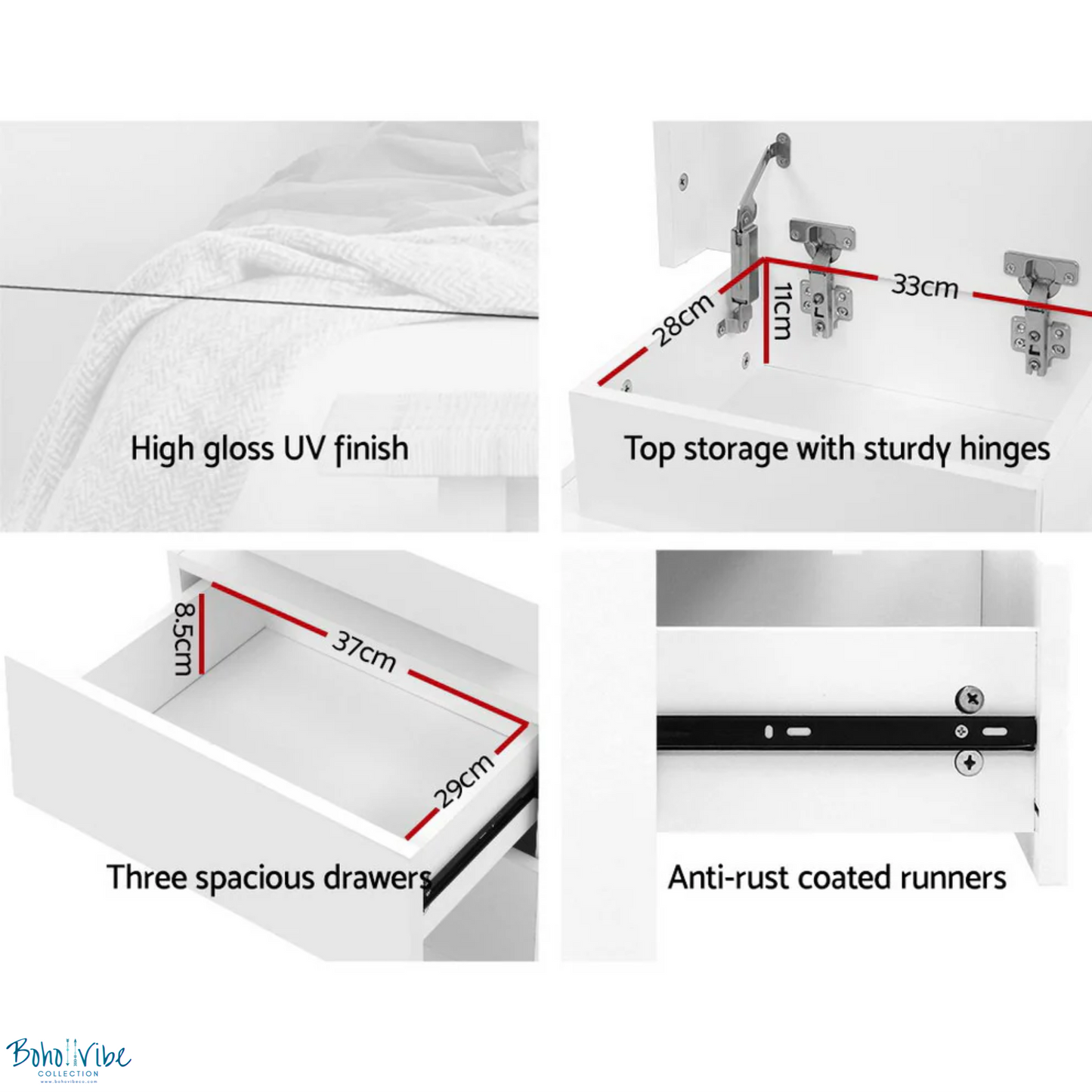 White Bedside Table 3 Drawers with Built in LED Lighting ↡