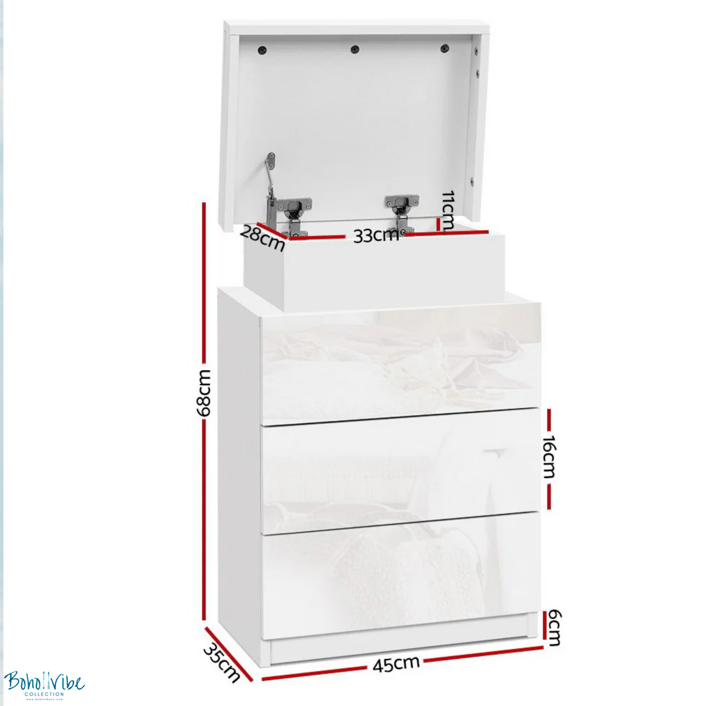 Boho ↡↟ Vibe Collection ↠ White Bedside Table 3 Drawers with Built in LED Lighting ↡