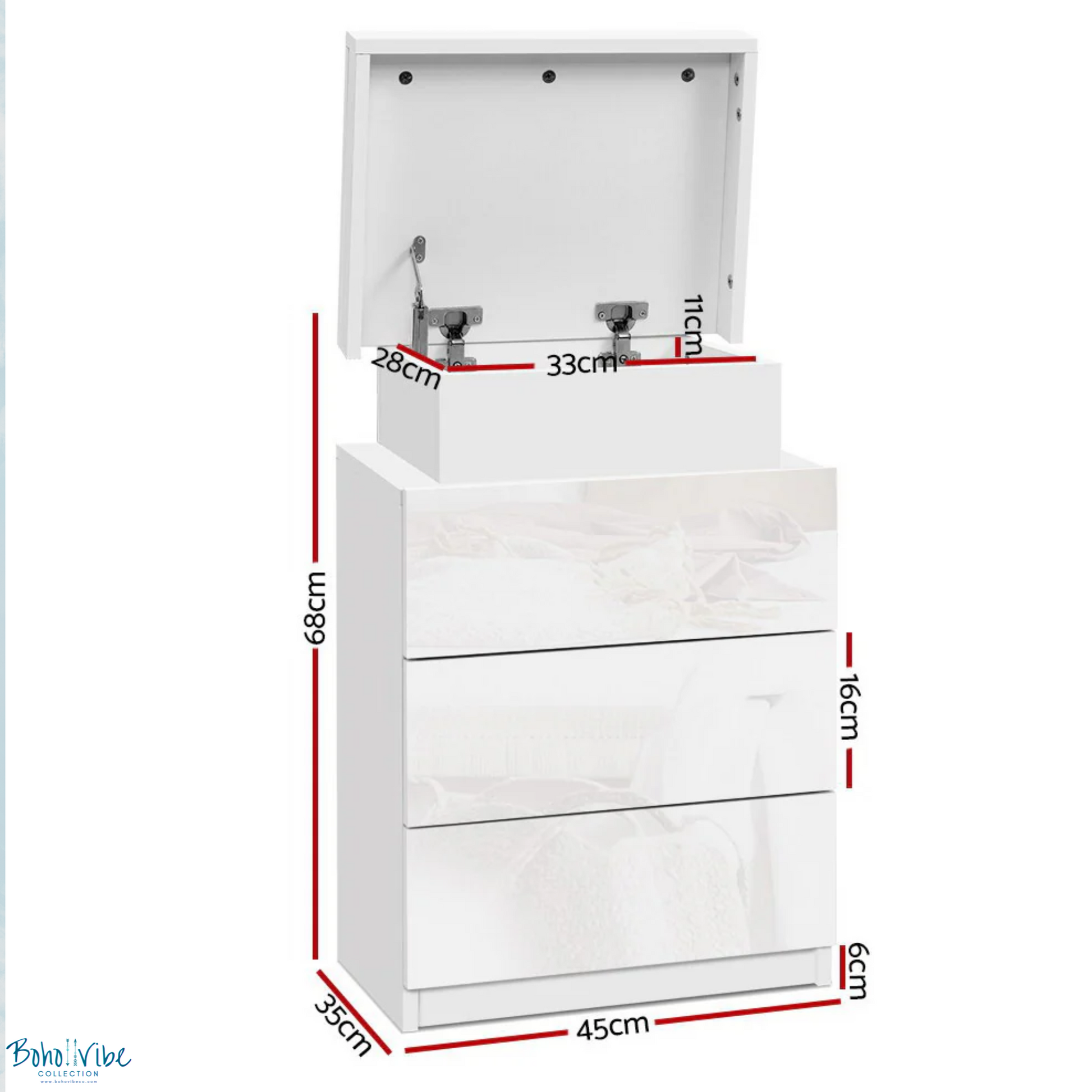 Boho ↡↟ Vibe Collection ↠ White Bedside Table 3 Drawers with Built in LED Lighting ↡