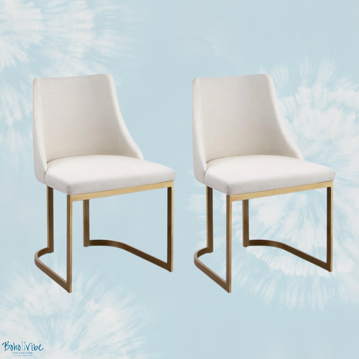   Boho ↡↟ Vibe Collection ↠ Beige Linen Fabric Dining Office Chair with Gold Legs Set of 2