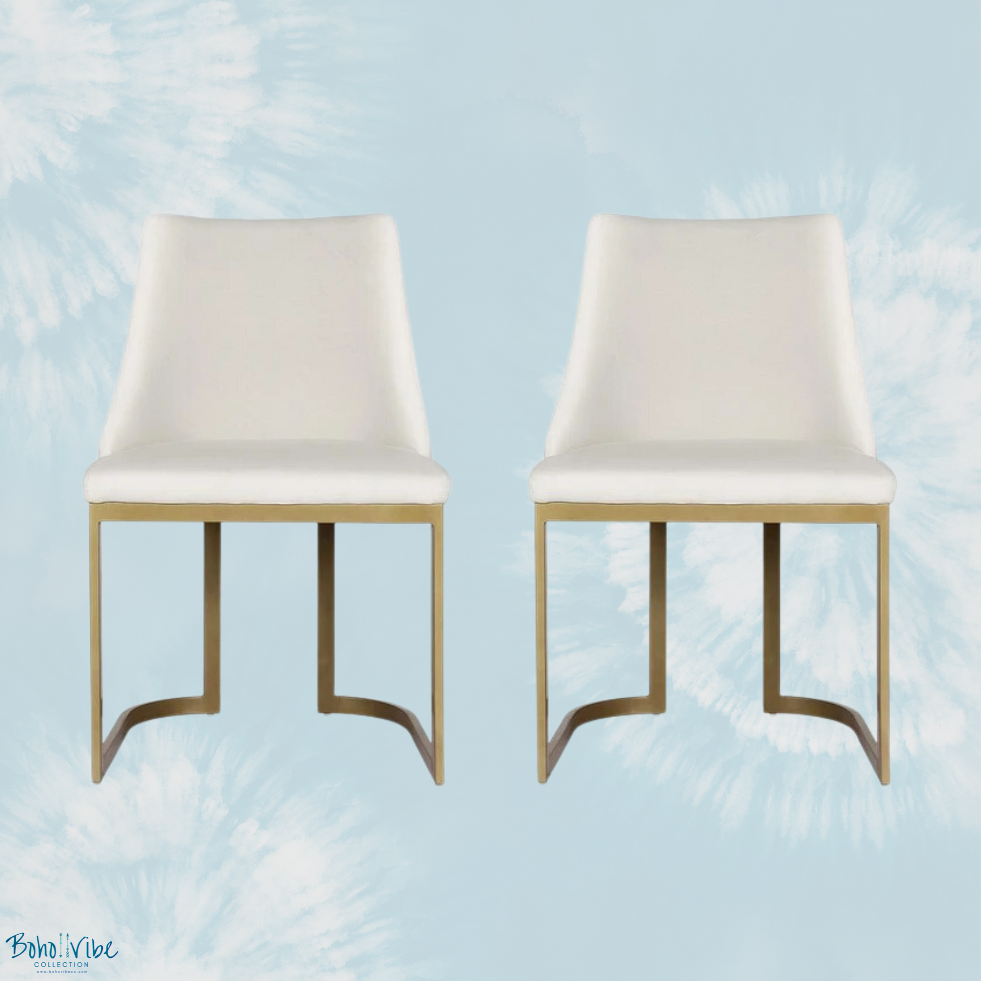   Boho ↡↟ Vibe Collection ↠ Beige Linen Fabric Dining Office Chair with Gold Legs Set of 2