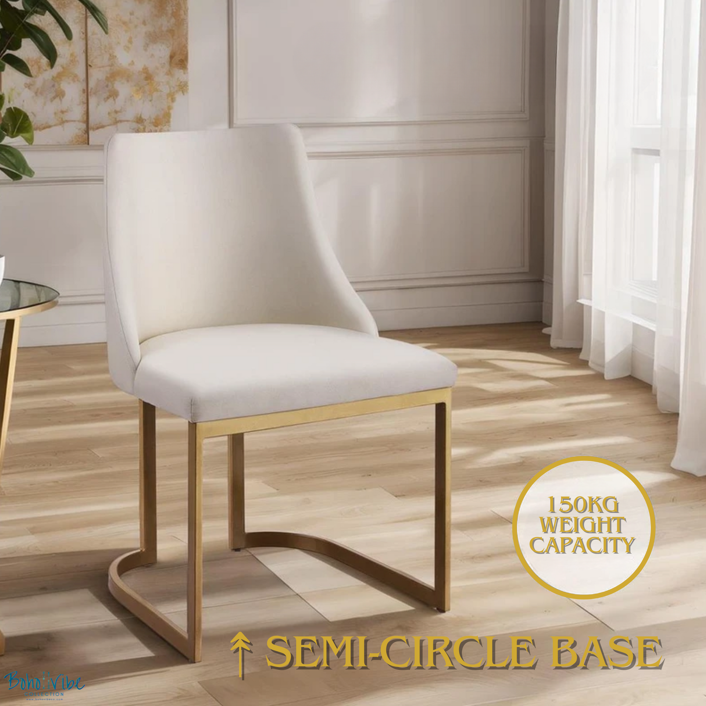   Boho ↡↟ Vibe Collection ↠ Beige Linen Fabric Dining Office Chair with Gold Legs Set of 2