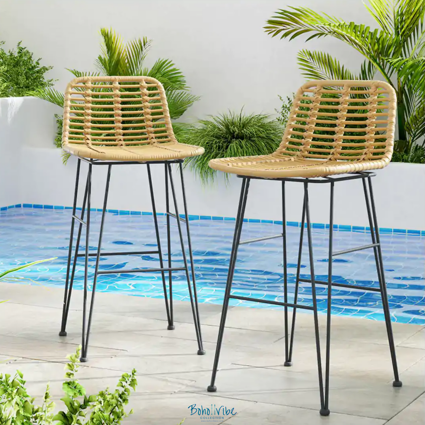 Boho ↡↟ Vibe Collection ↠ Wicker 2 Piece Bar Stools Dining Outdoor Chair Set of 2 