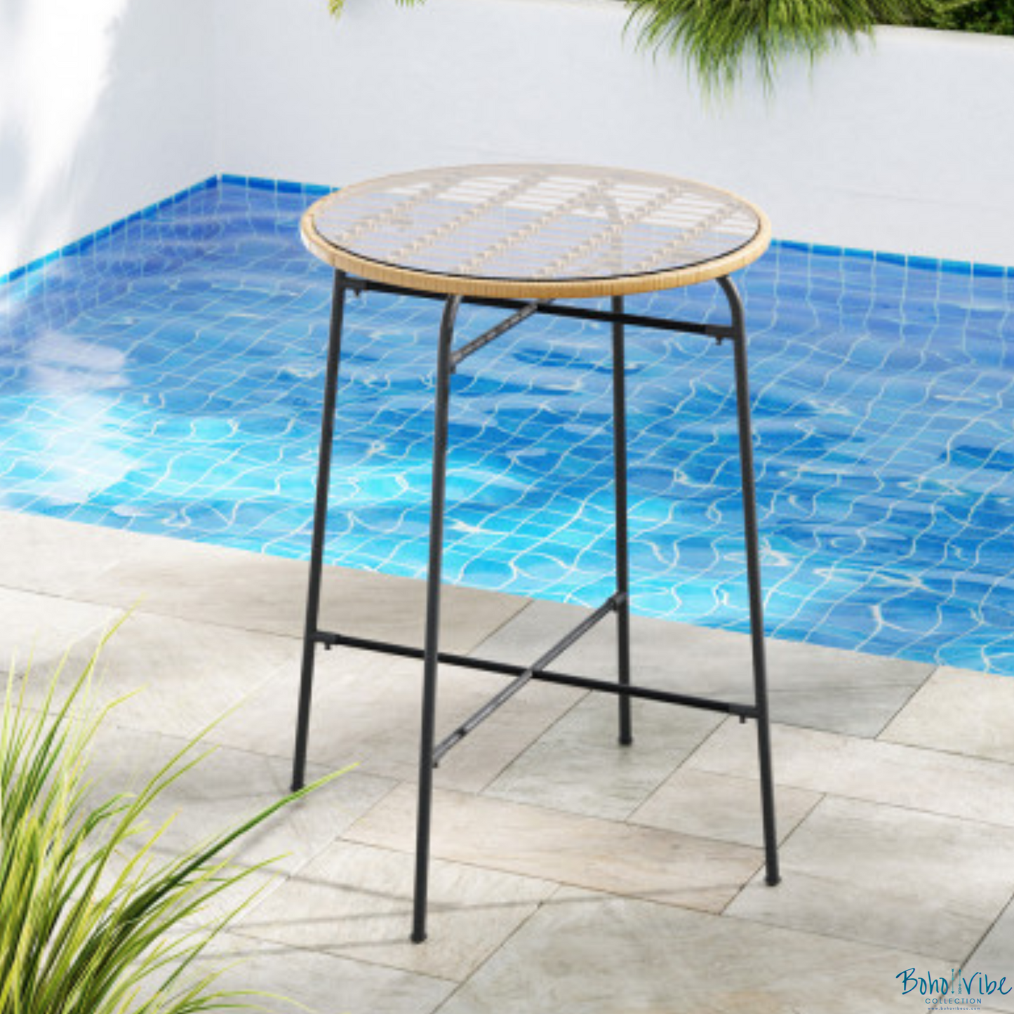 Boho ↡↟ Vibe Collection ↠ Wicker Bar Table Stylish Glass Outdoor Patio Dining 