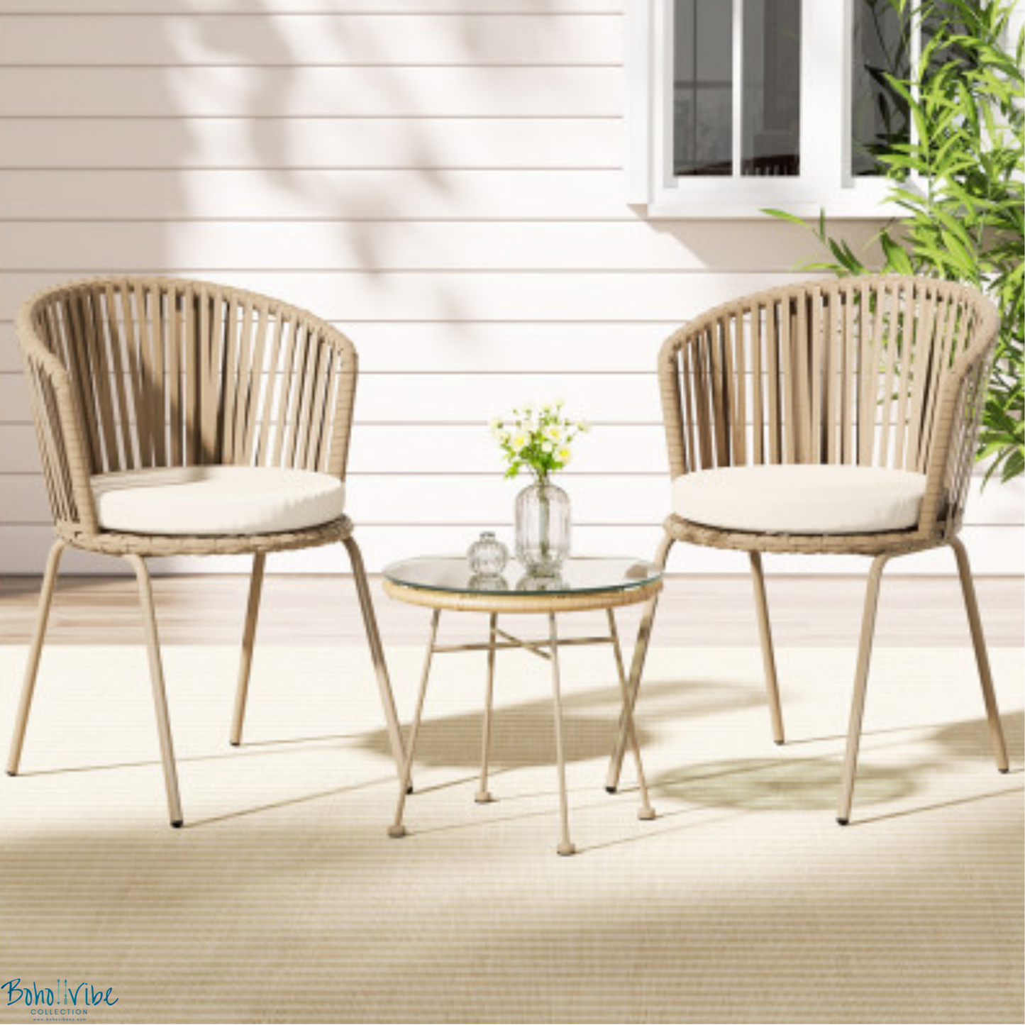 Boho ↡↟ Vibe Collection ↠ Boho Bistro 3 Piece Outdoor Setting Coastal Chairs & Table Furniture Set 