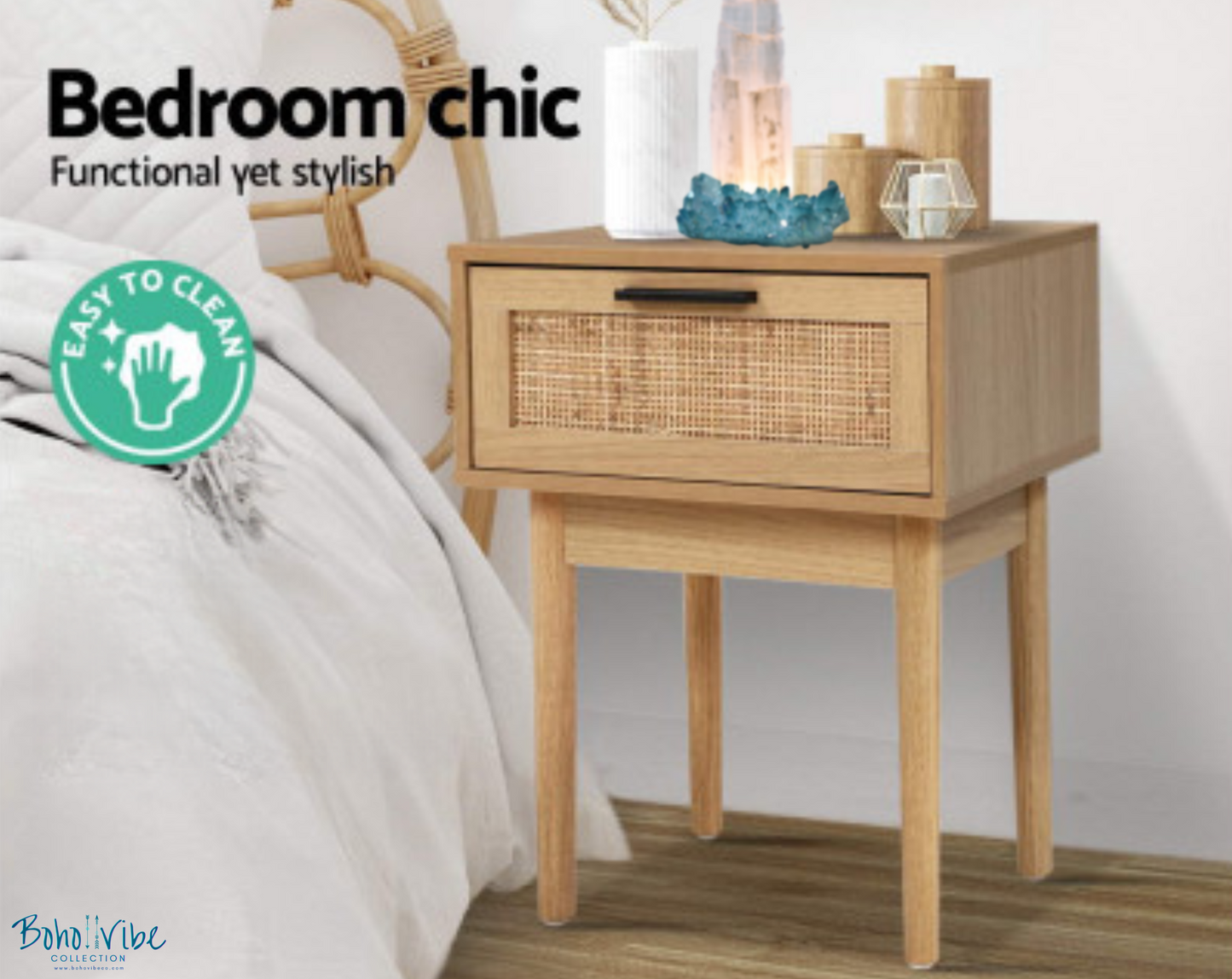 Boho ↡↟ Vibe Collection ↠ Rattan Bohemian Nightstand Drawer Bedroom Storage Coastal Cabinet ↡