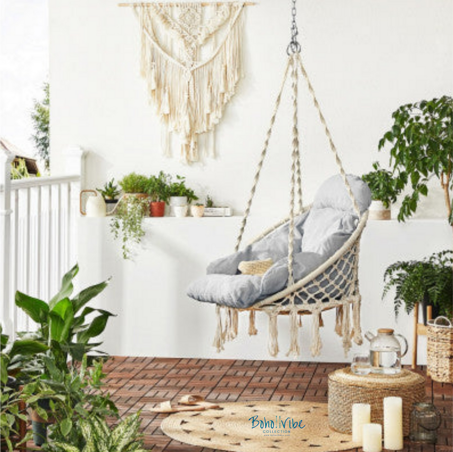 Boho ↡↟ Vibe Collection ↠ Bohemian Canvas Hanging Hammock Chair with Grey Cushion 