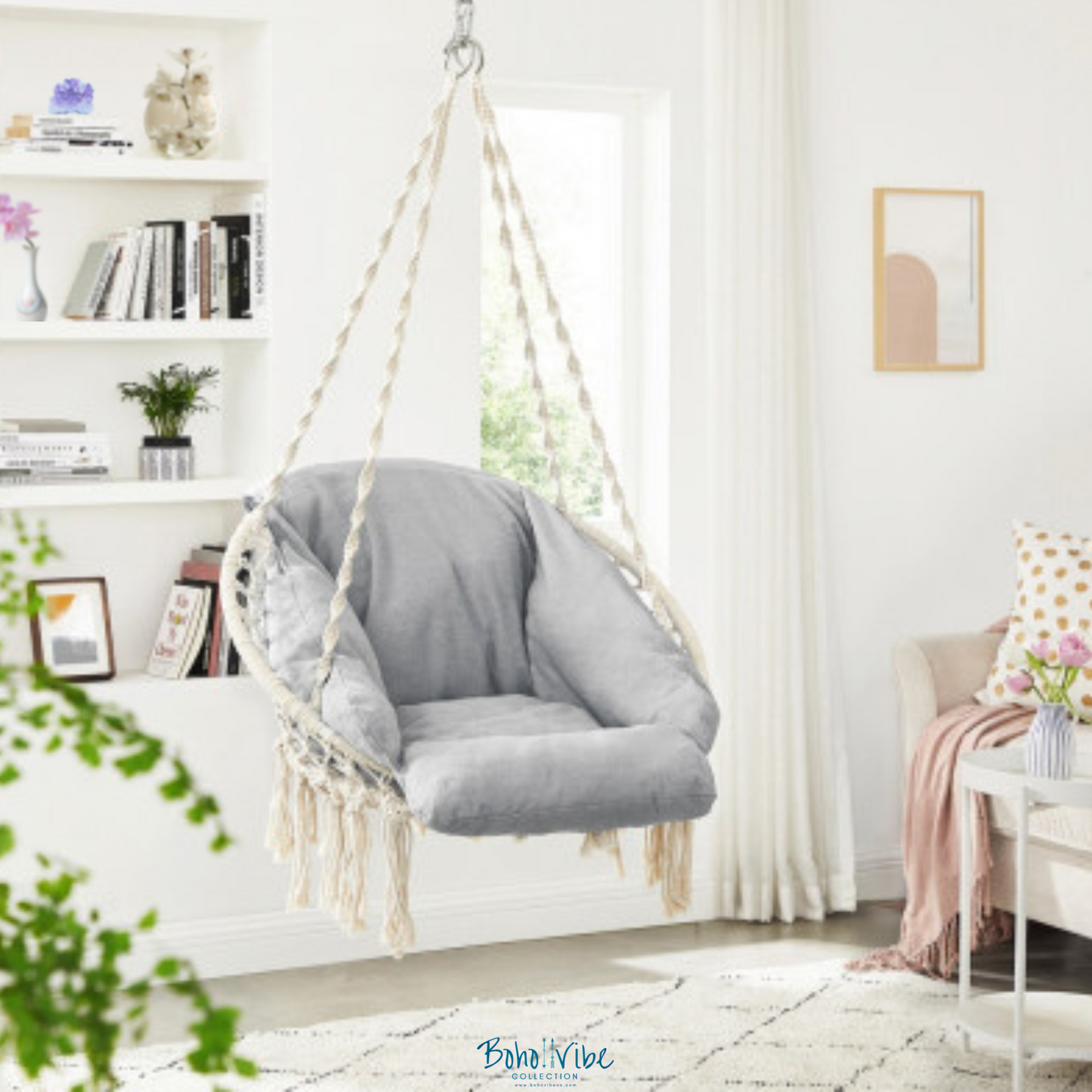 Boho ↡↟ Vibe Collection ↠ Bohemian Canvas Hanging Hammock Chair with Grey Cushion 