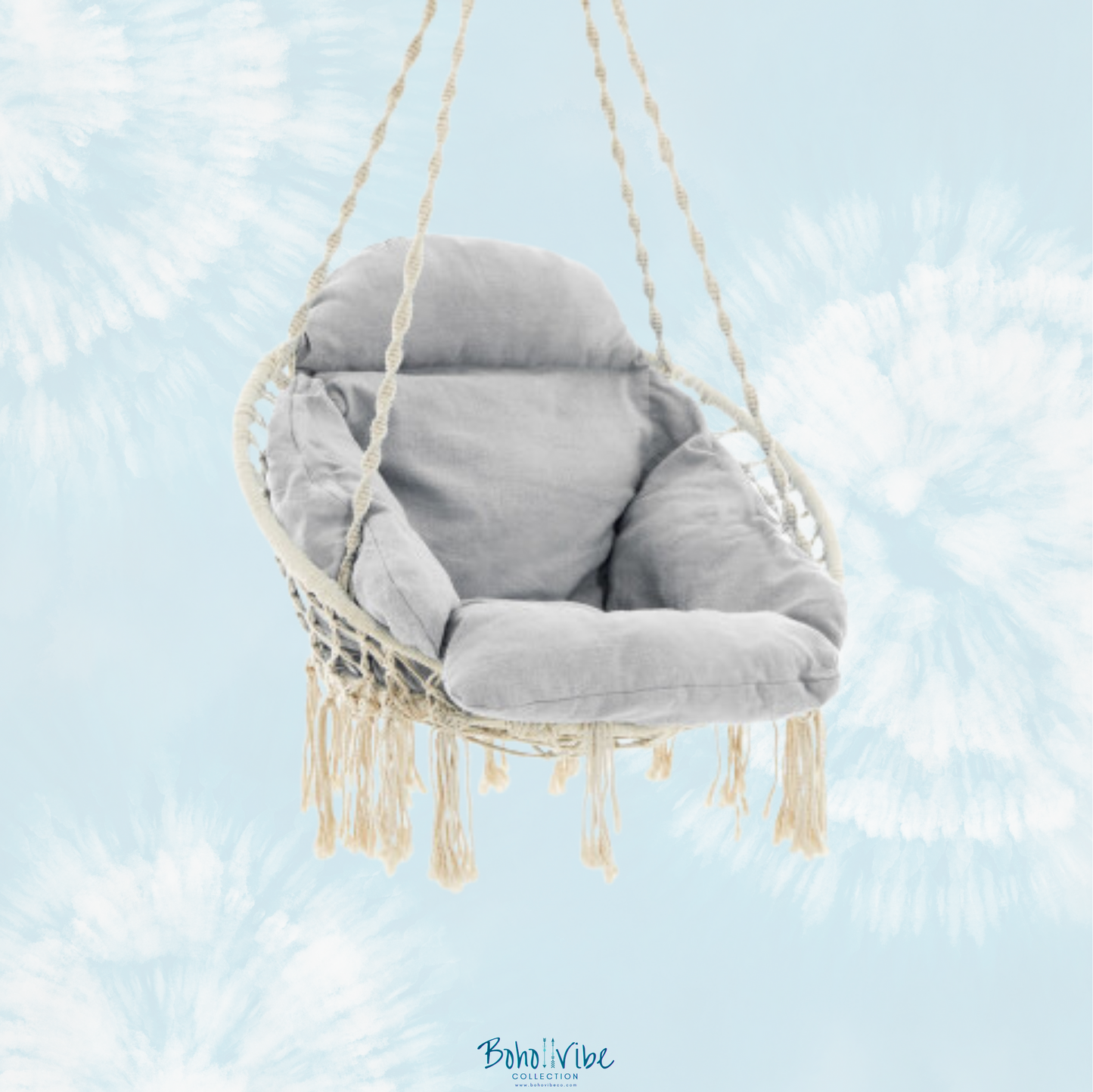 Boho ↡↟ Vibe Collection ↠ Bohemian Canvas Hanging Hammock Chair with Grey Cushion 