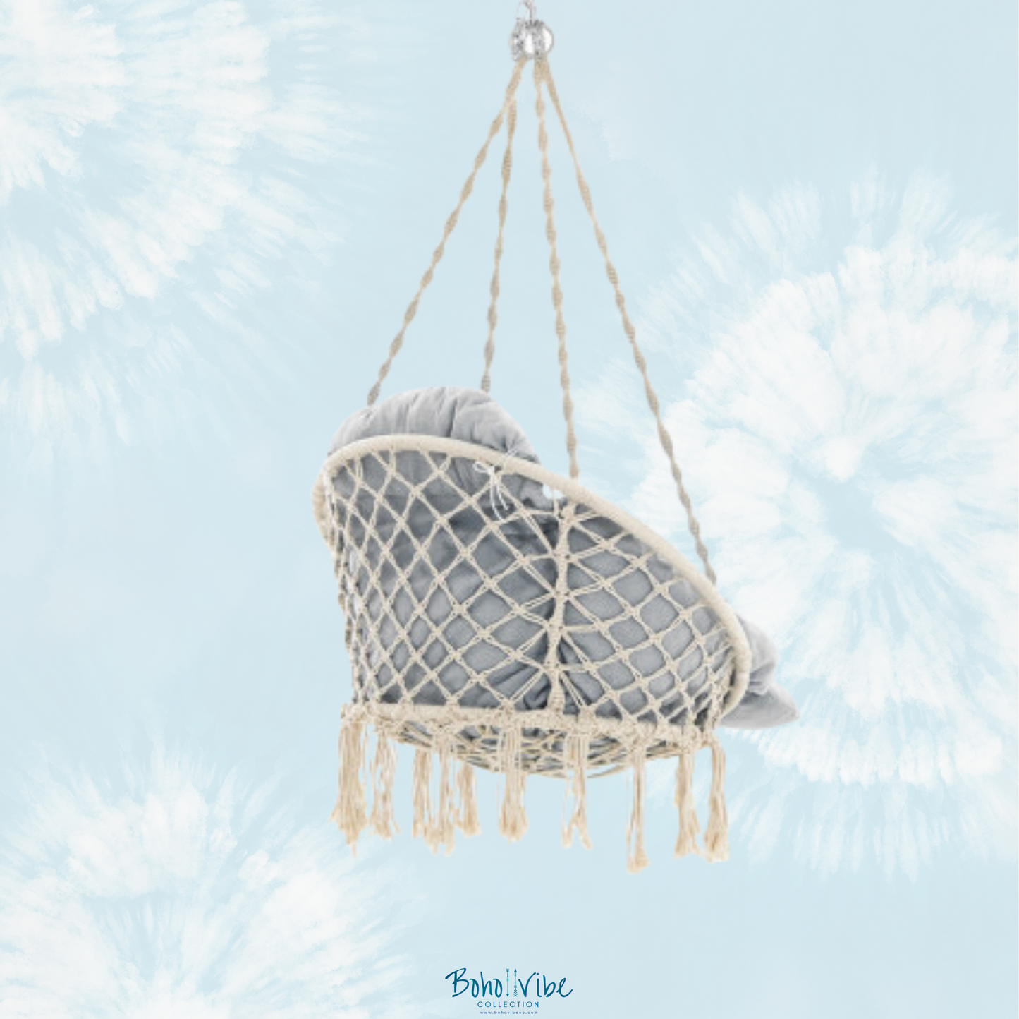 Boho ↡↟ Vibe Collection ↠ Bohemian Canvas Hanging Hammock Chair with Grey Cushion 