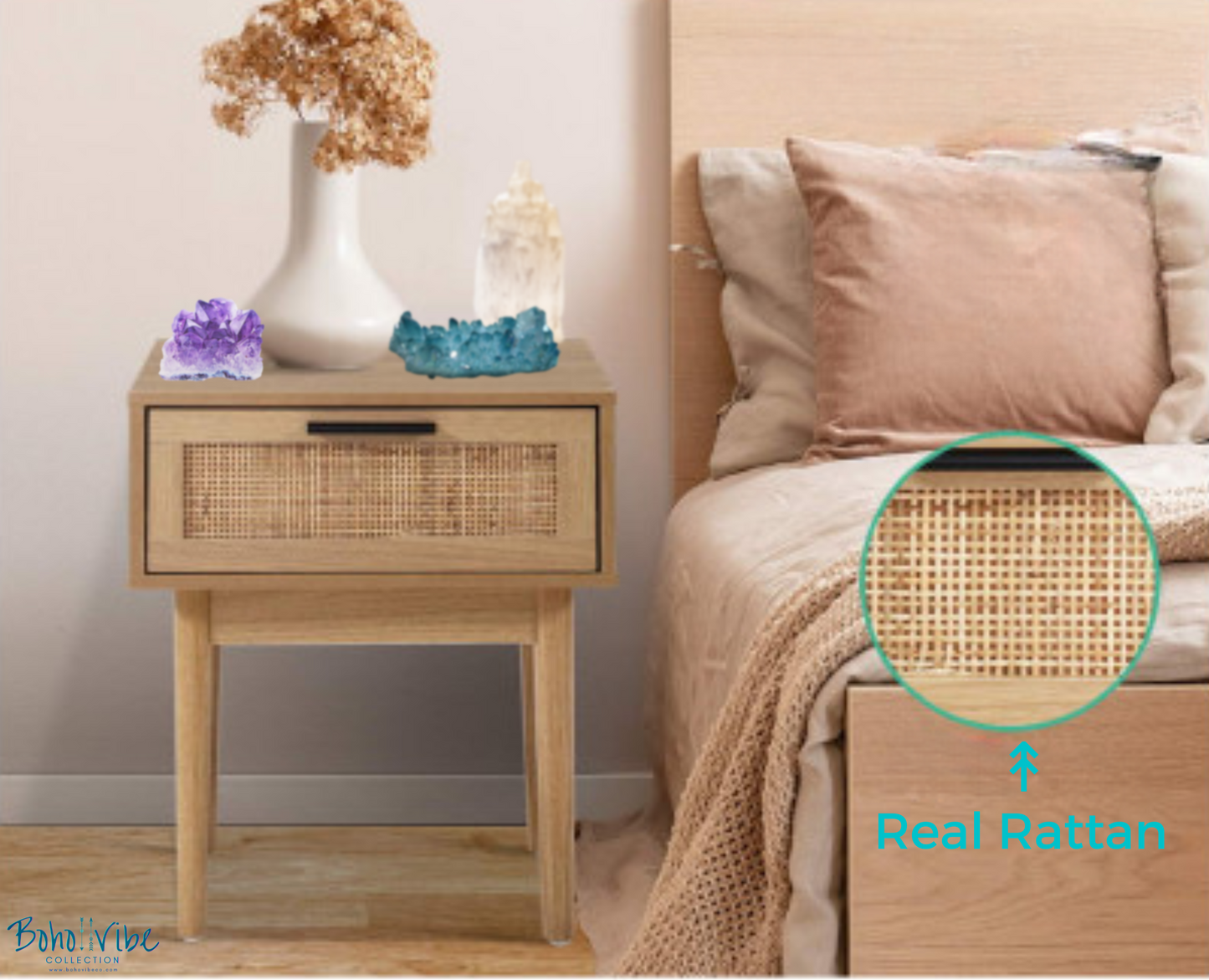 Boho ↡↟ Vibe Collection ↠ Rattan Bohemian Nightstand Drawer Bedroom Storage Coastal Cabinet ↡