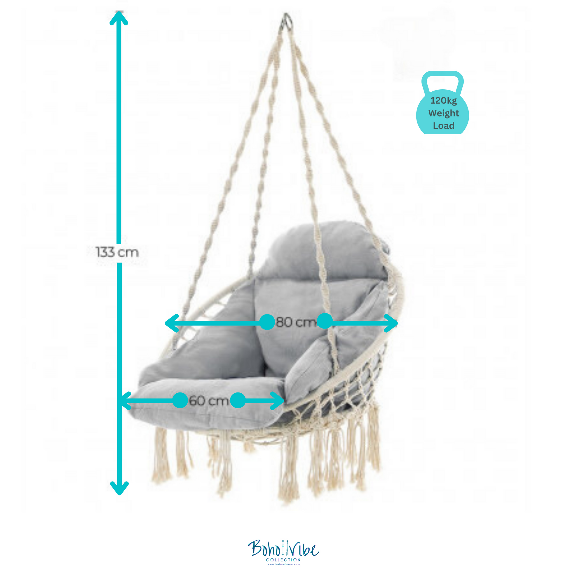 Boho ↡↟ Vibe Collection ↠ Bohemian Canvas Hanging Hammock Chair with Grey Cushion 