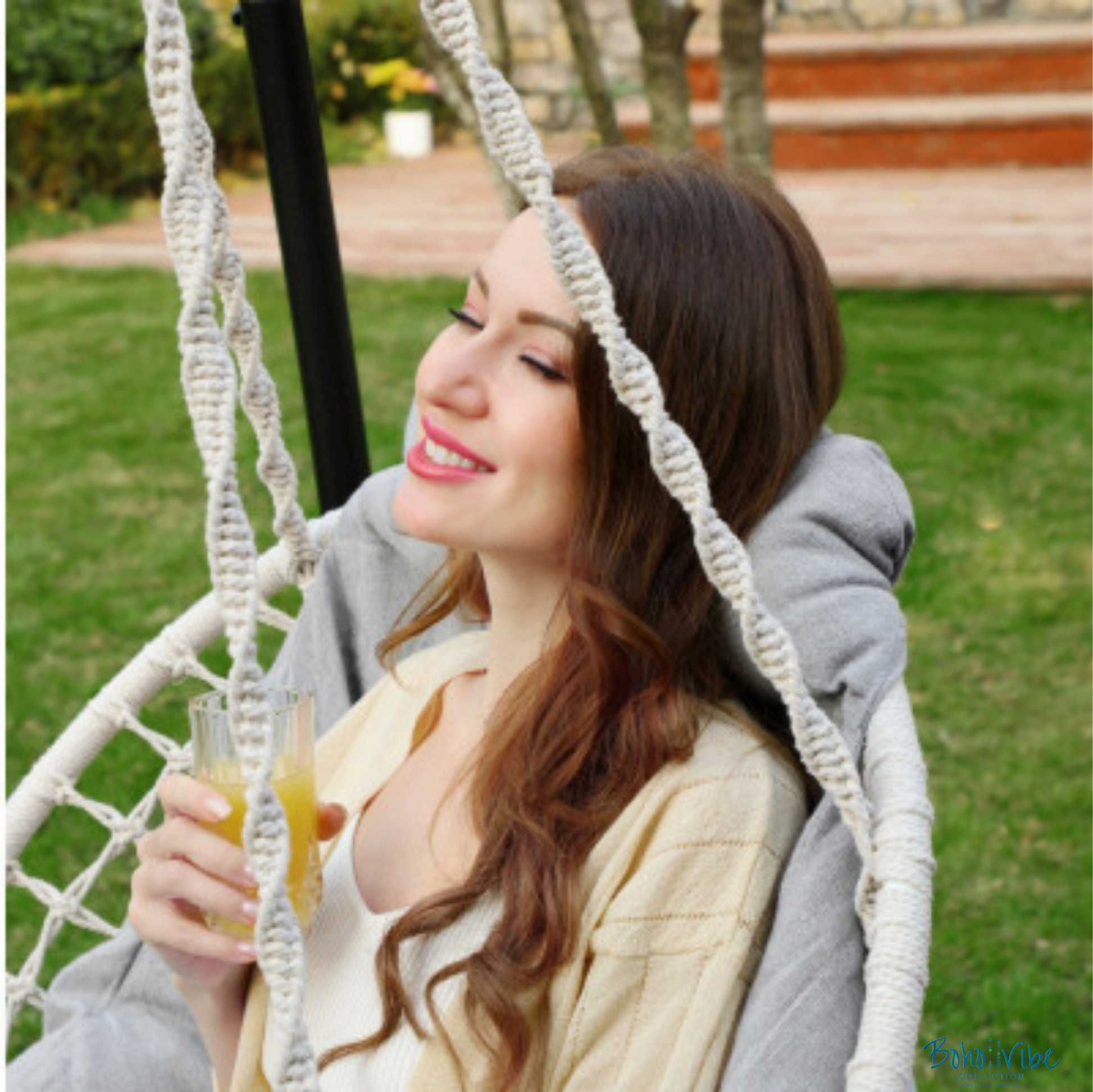 Boho ↡↟ Vibe Collection ↠ Bohemian Canvas Hanging Hammock Chair with Grey Cushion 