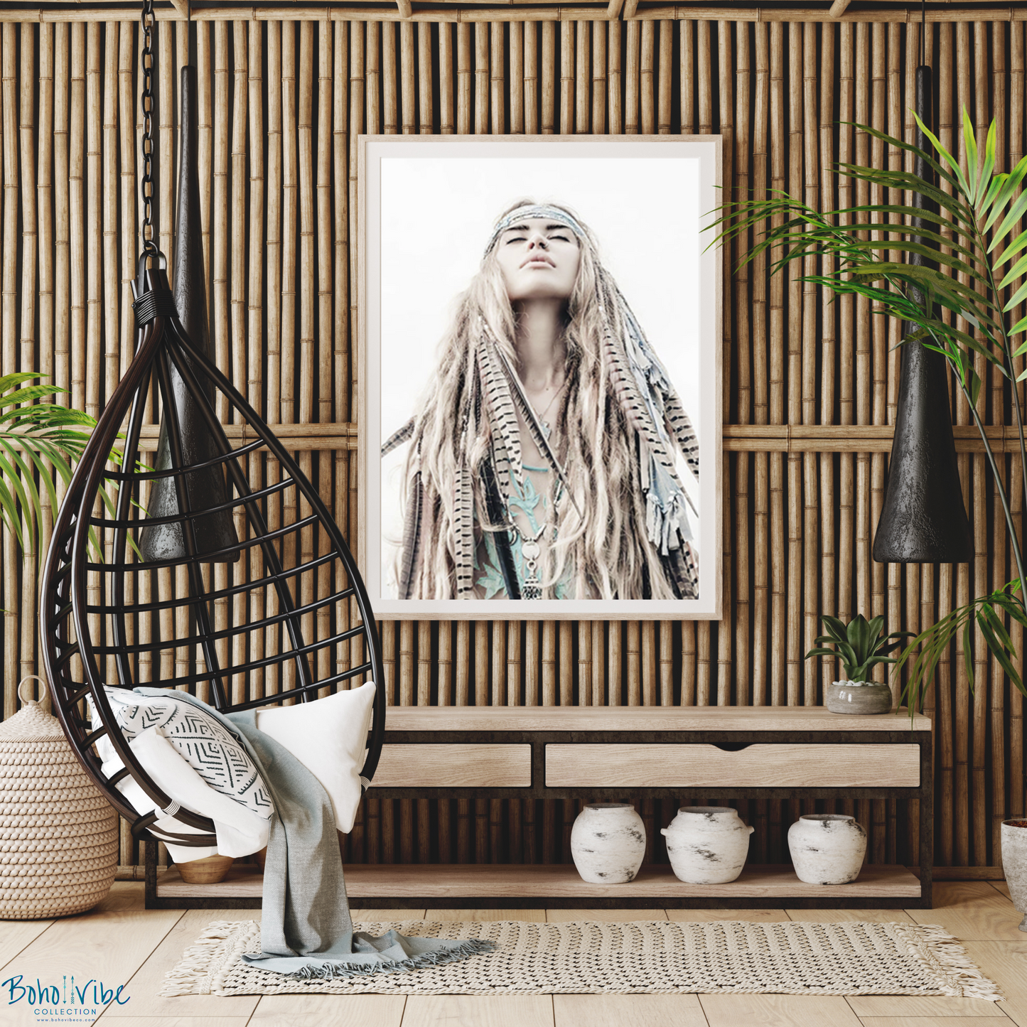 Boho ↡↟ Vibe Collection ↠ Bohemian Canvas Hanging Hammock Chair with Grey Cushion 