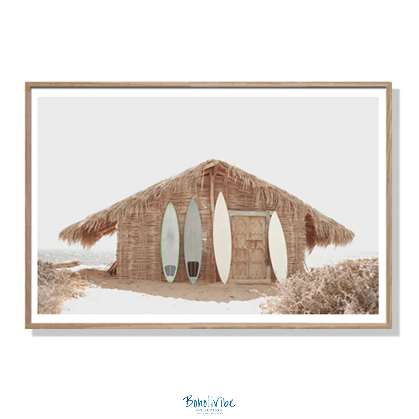 Boho ↡↟ Vibe Collection ↠ Beach Surf Boards and Shack Framed Boho Coastal Wall Art