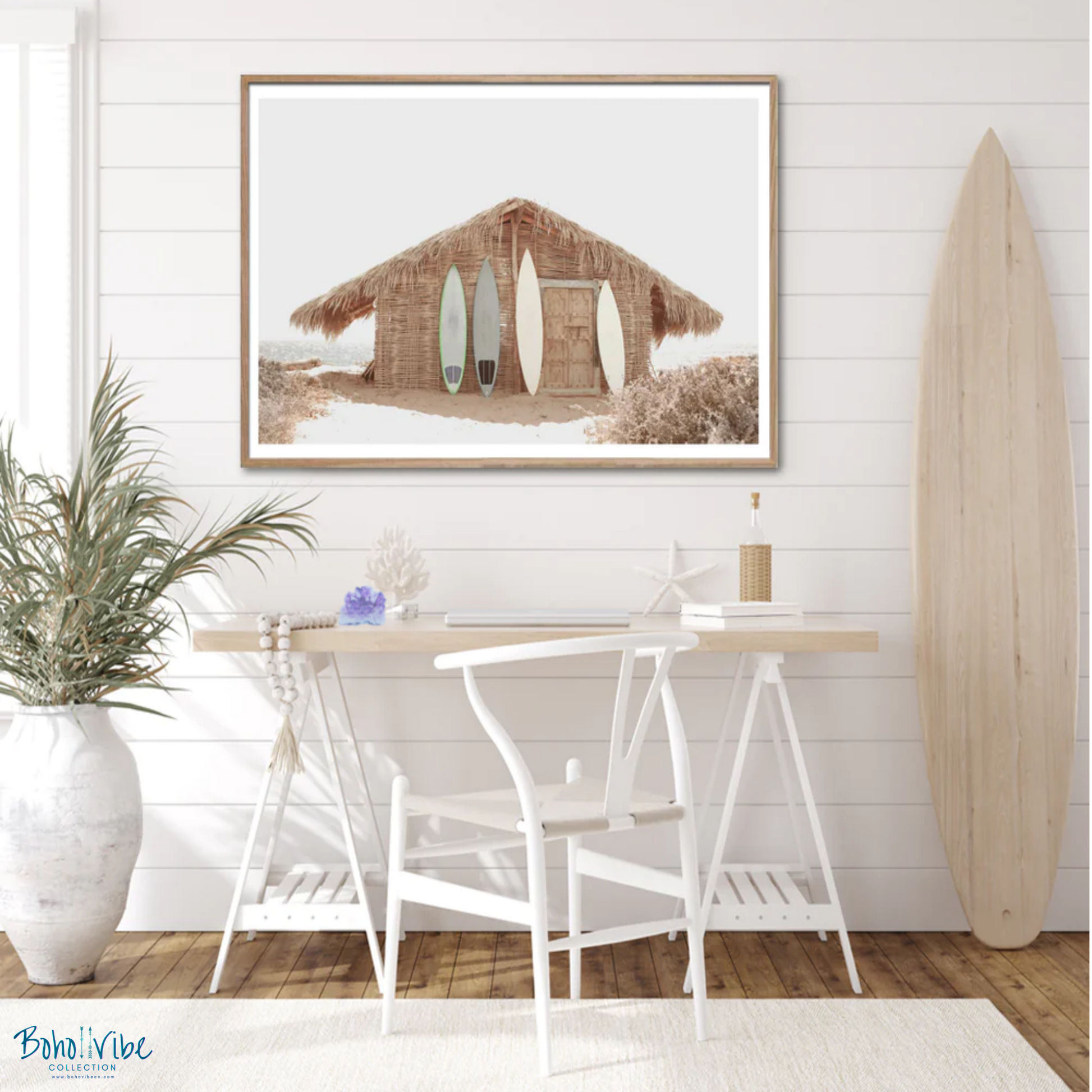 Boho ↡↟ Vibe Collection ↠ Beach Surf Boards and Shack Boho Coastal Canvas Framed Wall Art