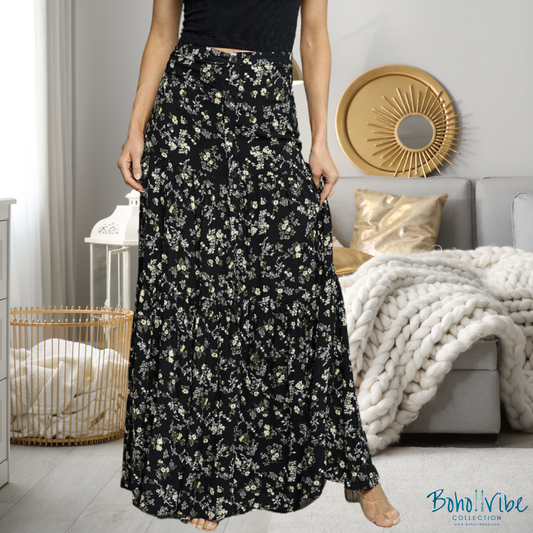 Boho ↡↟ Vibe Collection ↠ Bohemian Floral Black Tiered Maxi Skirt ↡