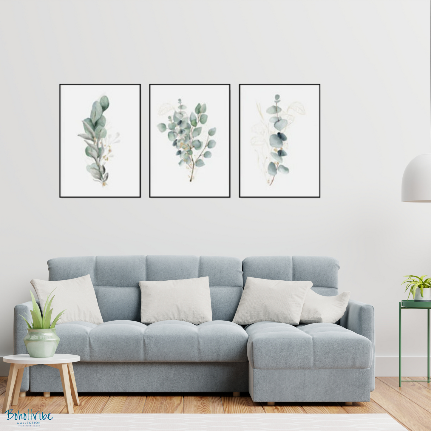 Boho ↡↟ Vibe Collection ↠ Eucalyptus Plant Themed Canvas Set of 3 Black Framed Wall Art 