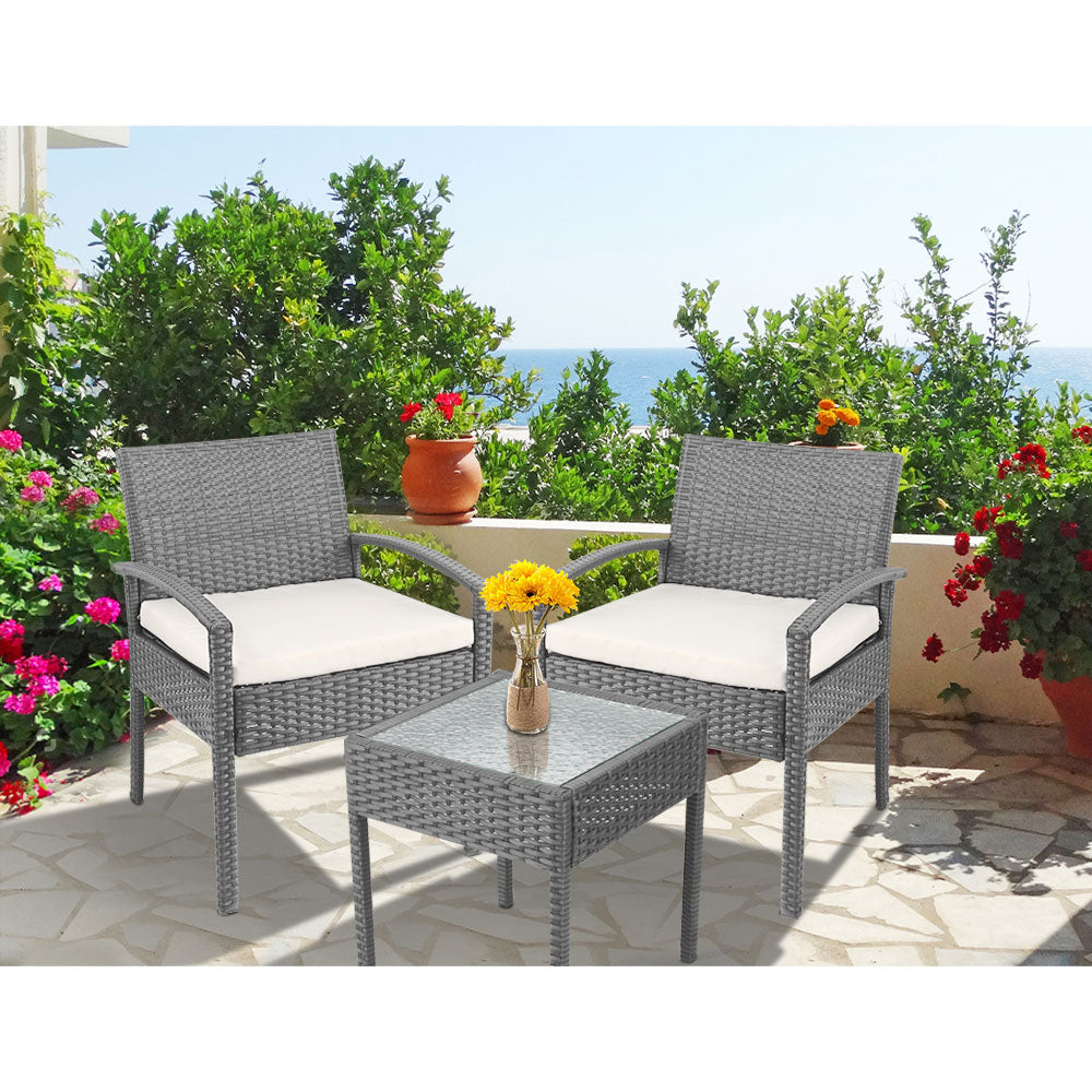Grey Wicker Coastal 3 Piece Outdoor Setting Boho Chairs & Table Furniture Set ↡