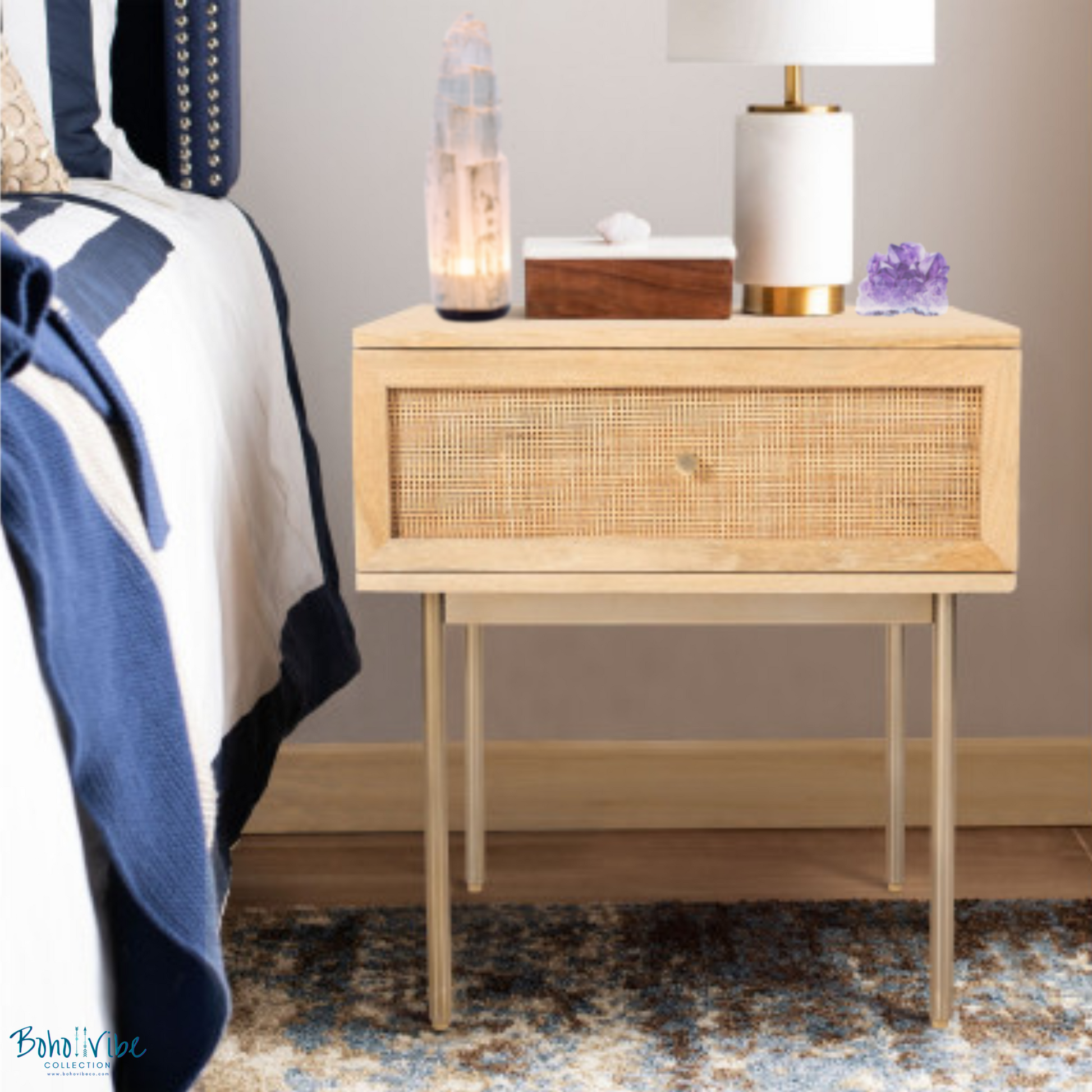 Boho ↡↟ Vibe Collection ↠ Rattan  Bohemian Bedside Table 1 Drawer Storage Wood Cabinet Set of 2 