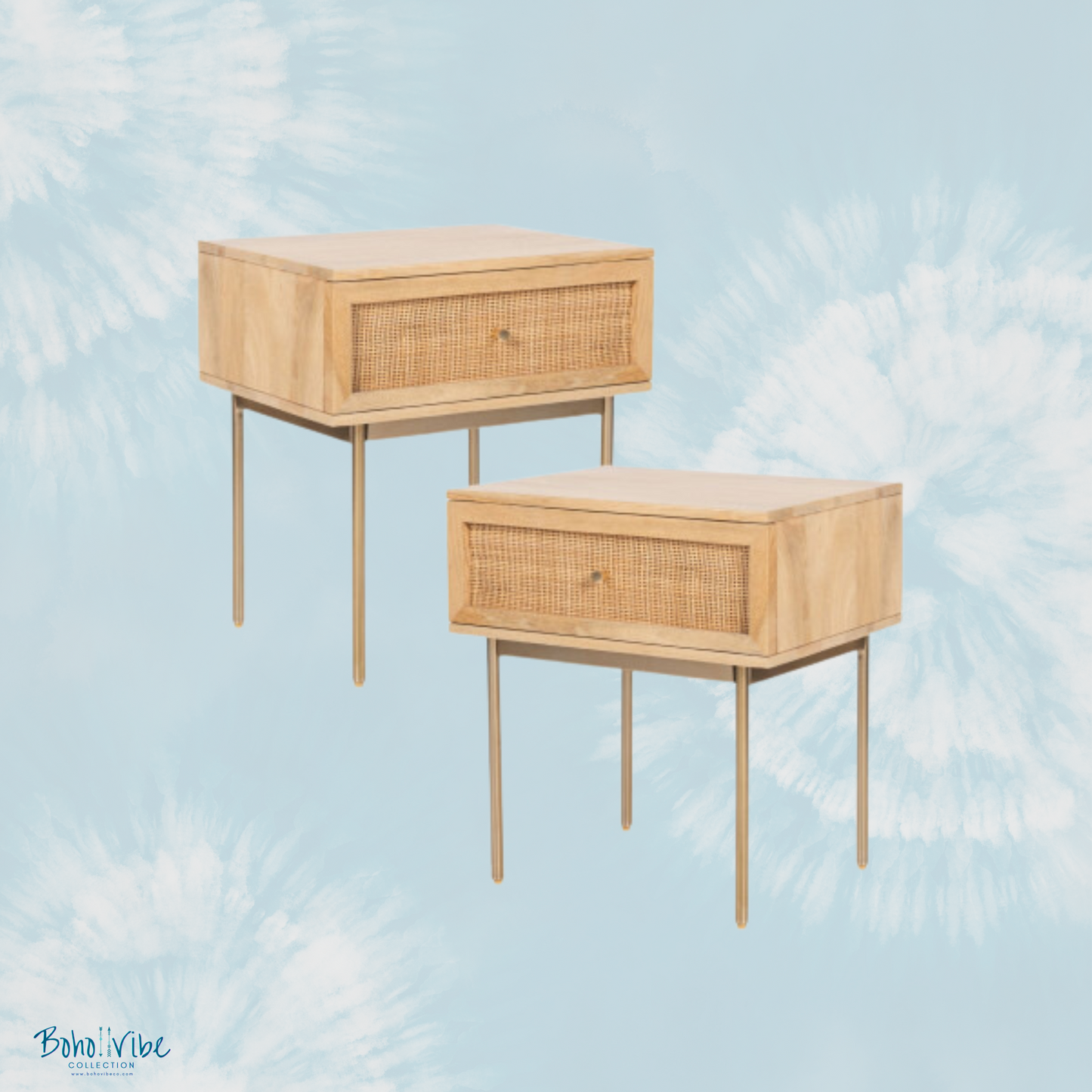 Boho ↡↟ Vibe Collection ↠ Rattan  Bohemian Bedside Table 1 Drawer Storage Wood Cabinet Set of 2 