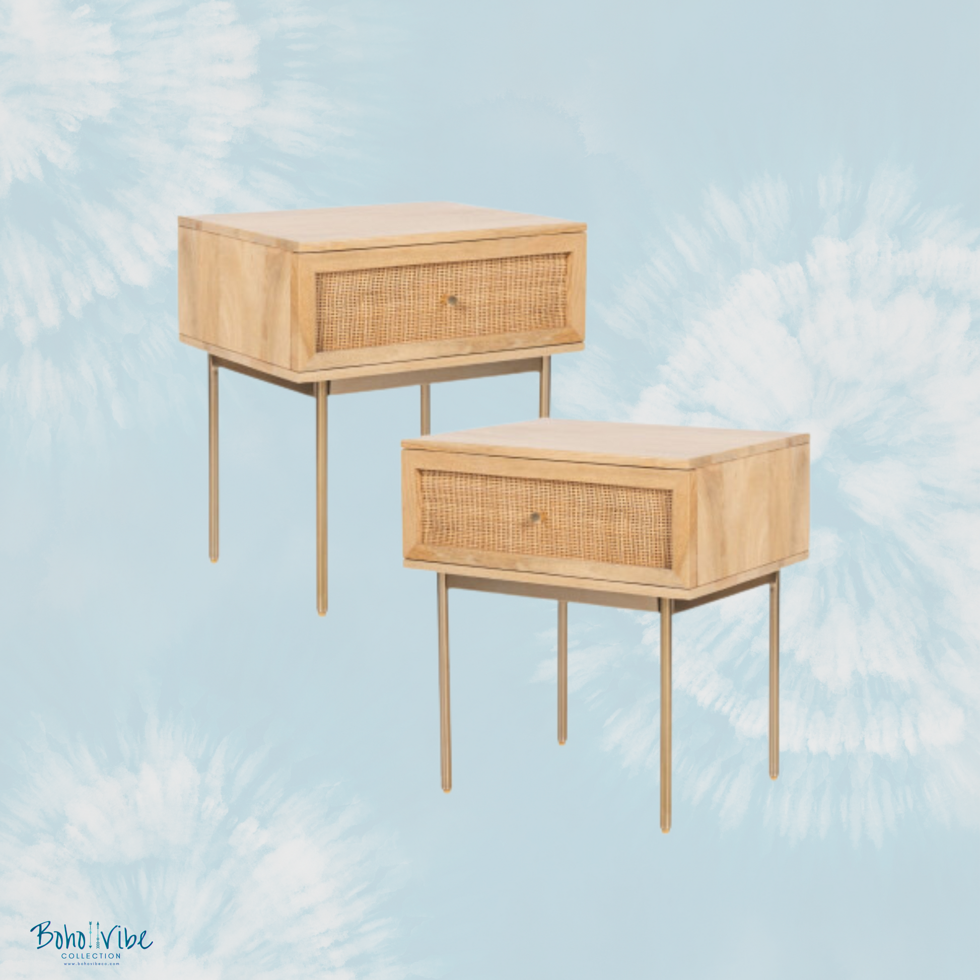 Boho ↡↟ Vibe Collection ↠ Rattan  Bohemian Bedside Table 1 Drawer Storage Wood Cabinet Set of 2 