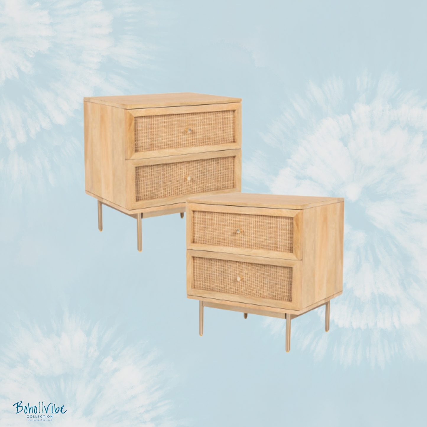Rattan  Bohemian Bedside Table 2 Drawers Storage Wood Cabinet Set of 2