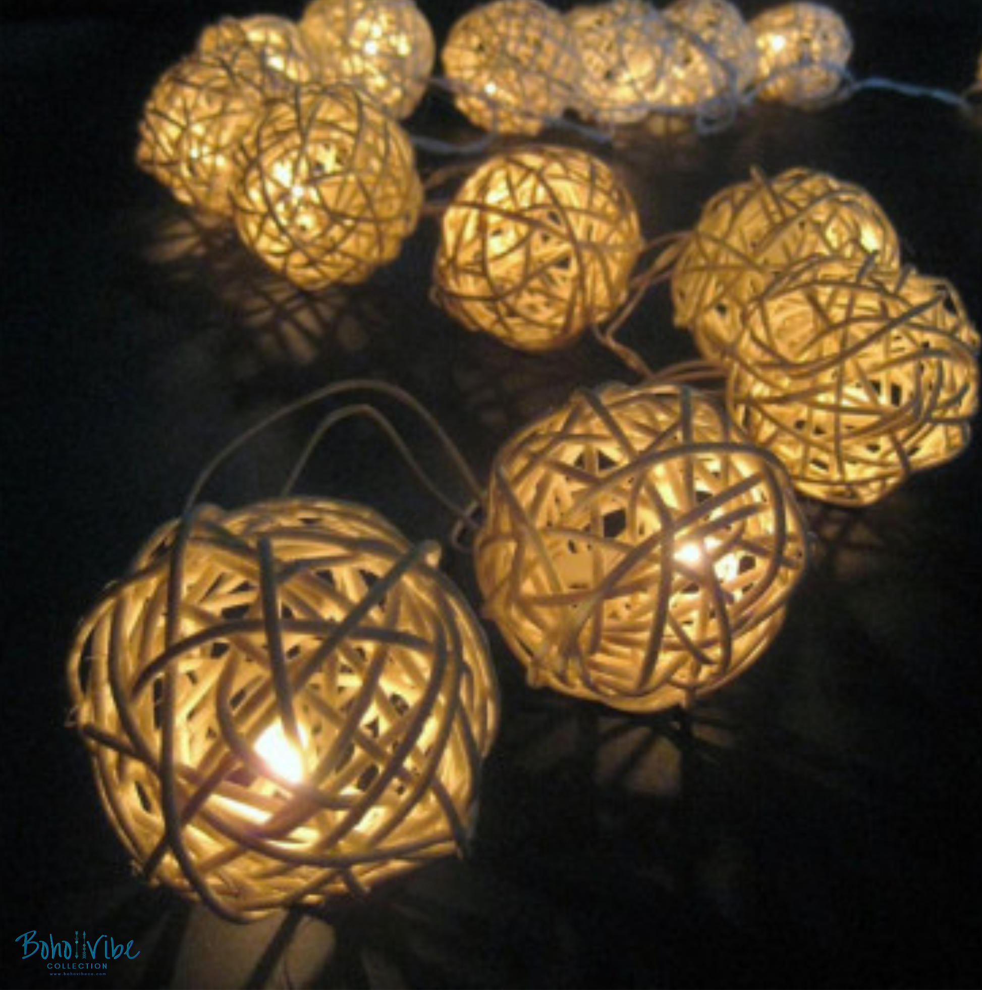 Boho ↡↟ Vibe Collection ↠ Rattan Bohemian String Lights 20 LED Cream White Fairy Garland 